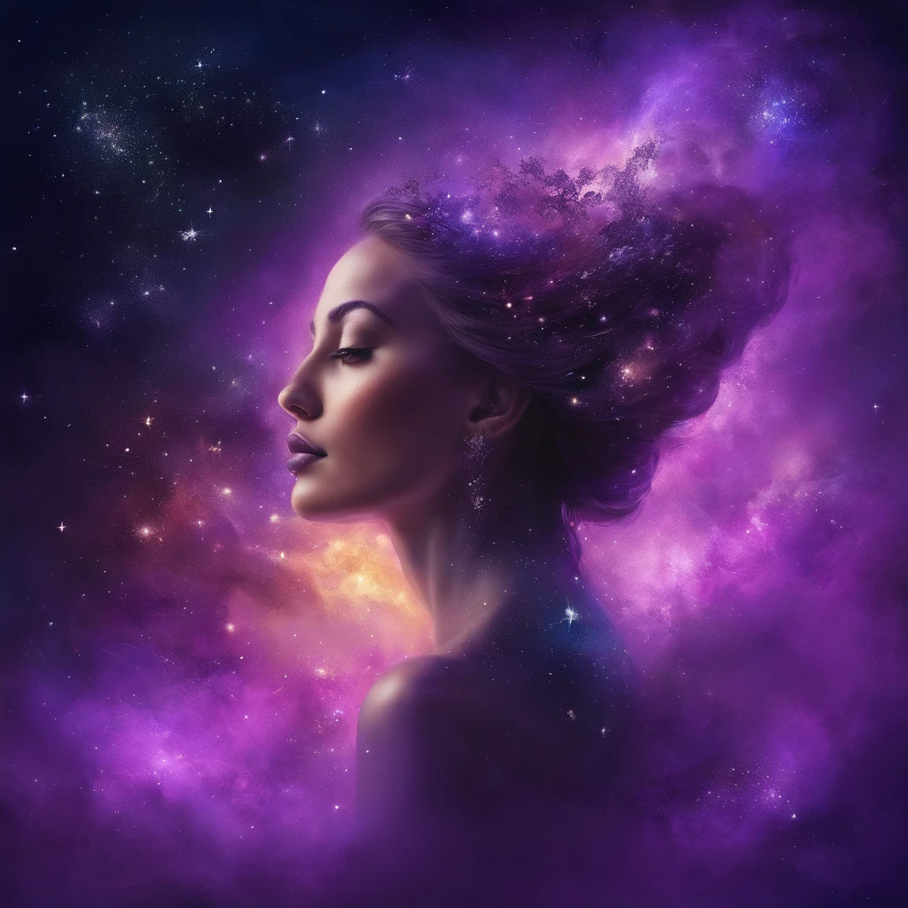 galaxias, space, Starcloud, stars, glitters, Smoke, (Girl shape), intricately details, rendering by octane, Ultra photo realsisim , rendering by octane, 8K, uplit ,Purple dream art