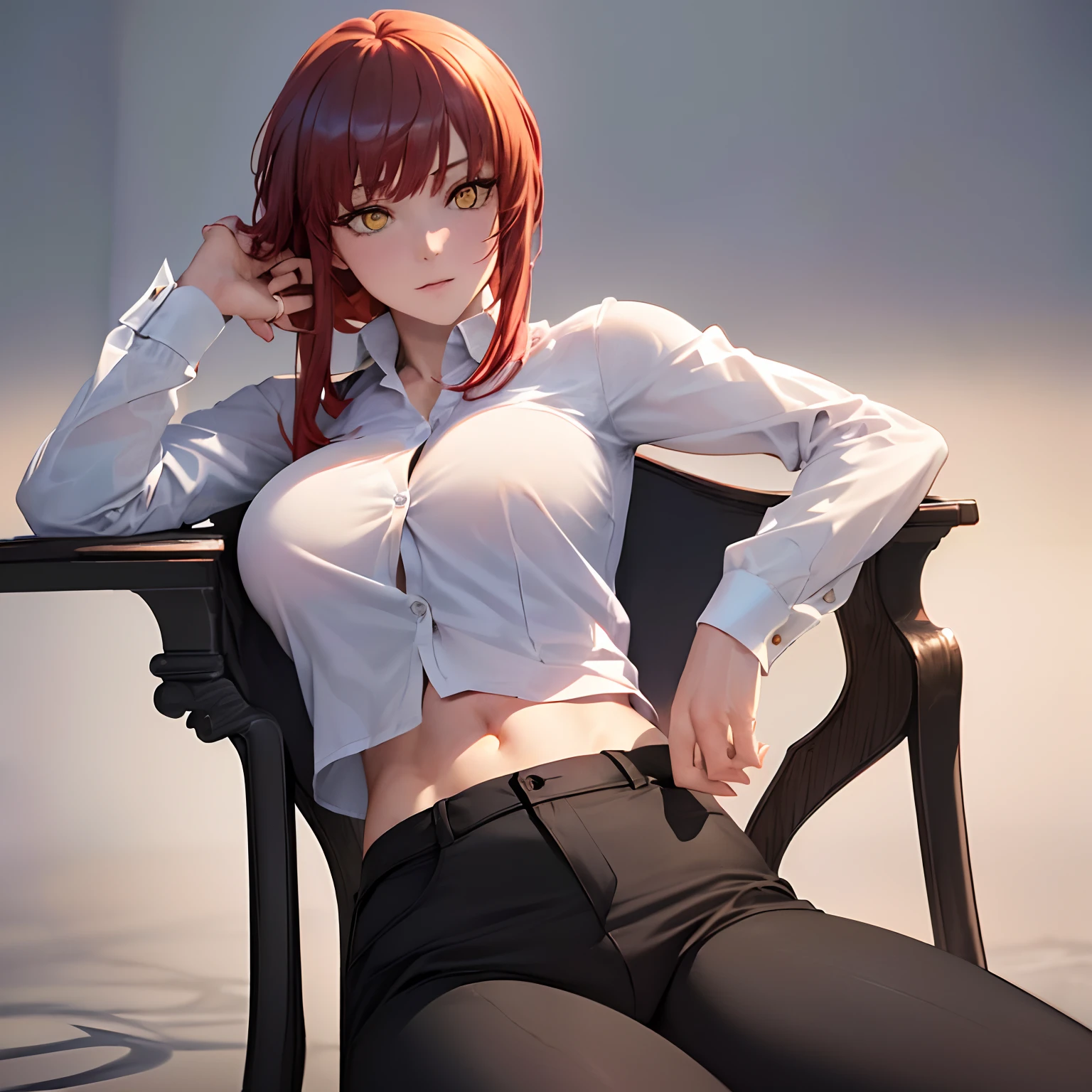 ((top quality, 8k, masterpiece: 1.3, ultra hd, high quality, best quality, high definition, realism)), sharp focus: 1.2, Beautiful woman with a muscular body, Red hair, Beautiful yellow eyes, sharp eyes, White formal shirt with open buttons, tight black pants, Abs, Arm muscle, Sexy and seductive pose on chair.