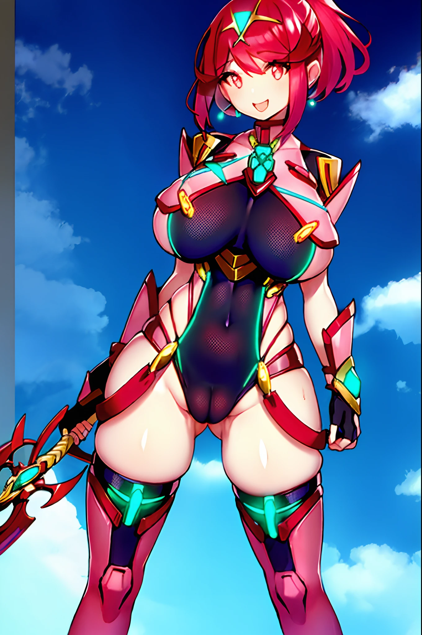 pyra \(xenoblade\), _1girl, lolings, black gloves, breasts, red eyes, shout, earrings, eyelashes, fingerless gloves, floating hair, , gem, gloves, hair ornament, headpiece, jewelry, gigantic_breasts, leaning back, swimsuit, neon trim, official art, pose, red hair, saitou masatsugu, short hair, sidelocks, skin tight, solo, swept bangs, thighhighs, tiara, fantasy_town_background, underbust, xenoblade chronicles \(series\), (xenoblade chronicles 2), (spread_legs:1.1), fire_effect,dynamic_pose,fighting,light_smile, (plump:1.1), big_ass,huge_sword, hold_large_sword_hilt, covered_nipples, covered_pussy, fists,ponytail,beautiful_fingers,(solo:1.1), bare_shoulder,(shoulder_naked:1.2), nipple_jewel,back, back_view, focus_ass,ass, very_short_shorts