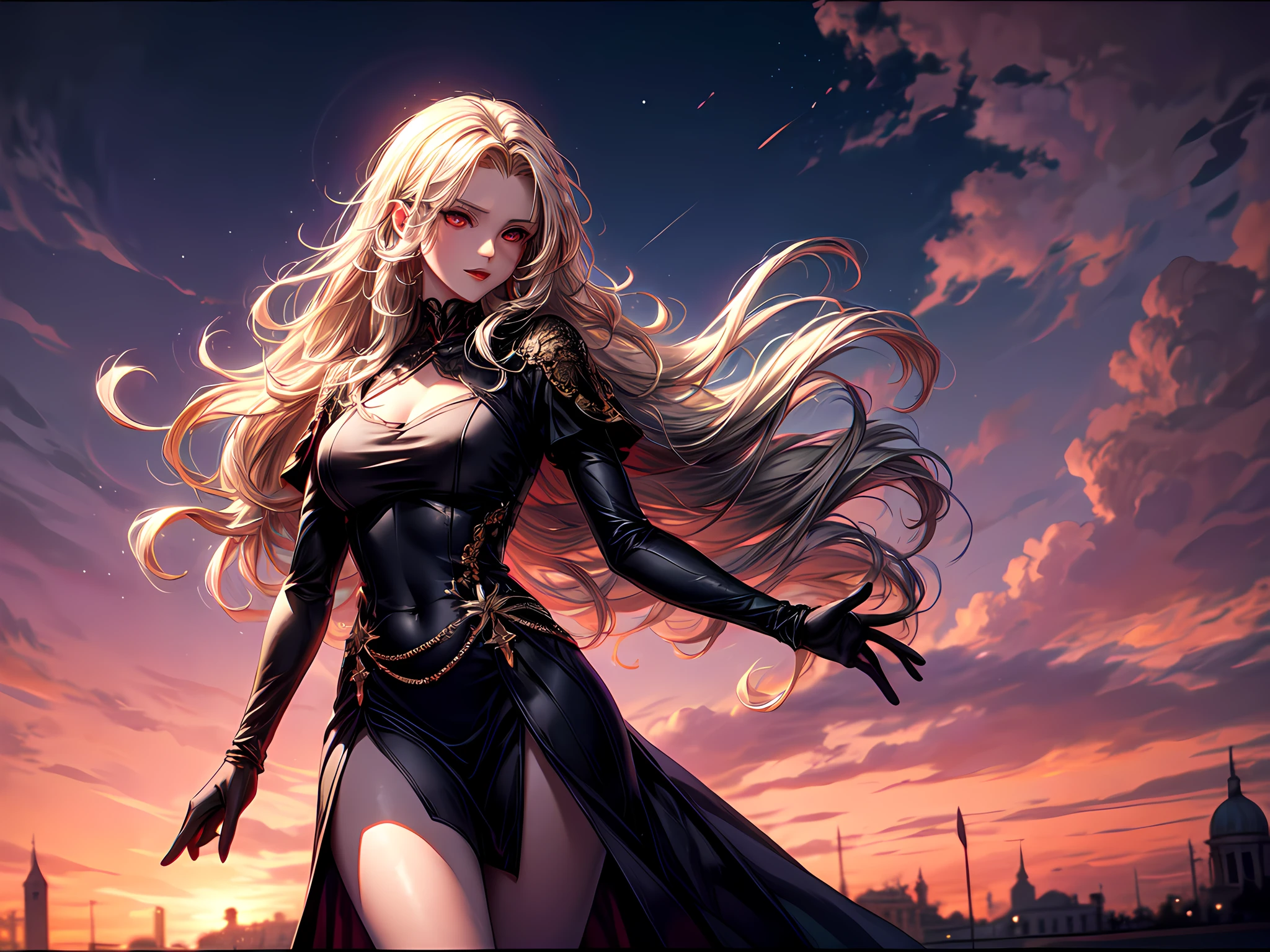 fantasy art, RPG art, photograph, RAW, (Ultra detailed: 1.5), Best Detailed, picture of a female vampire standing in St. Peter in the Vatican, an exquisite beautiful female vampire, full body, (best detailed face: 1.2), (grey skin: 1.2), red lips, (vampiric fangs1:1) (blood veins visible: 1.3), ultra feminine, blond hair, long hair, rich, flowing hair, wavy hair, red glowing eyes, wearing short dress, silk dress, intricate detailed dress, high heels, standing in St. Peter square in Vatican city, at night, full moon, stars in the sky, St. Peter square background, best quality, (extremely detailed), ultra wide shot, photorealism, depth of field, hyper realistic, 2.5 rendering,