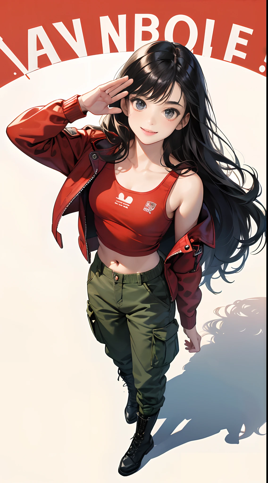 (Best Quality,4K,High resolution), Delicately expressed illustrations with realistic details,cute 18yo girl,selfee,Looking at the camera、Point the camera up,Staring at this、Smile,saluting,Long straight hair with red mesh black hair,Comical appearance,Bustling background,lively and comical appearance,comic strip,animesque,Comical illustration,Cute illustrations delicately drawn in detail,Full body close-up,Looking up at the camera from above,Red Combat Jacket,Tank tops,Cargo pants,Combat boots