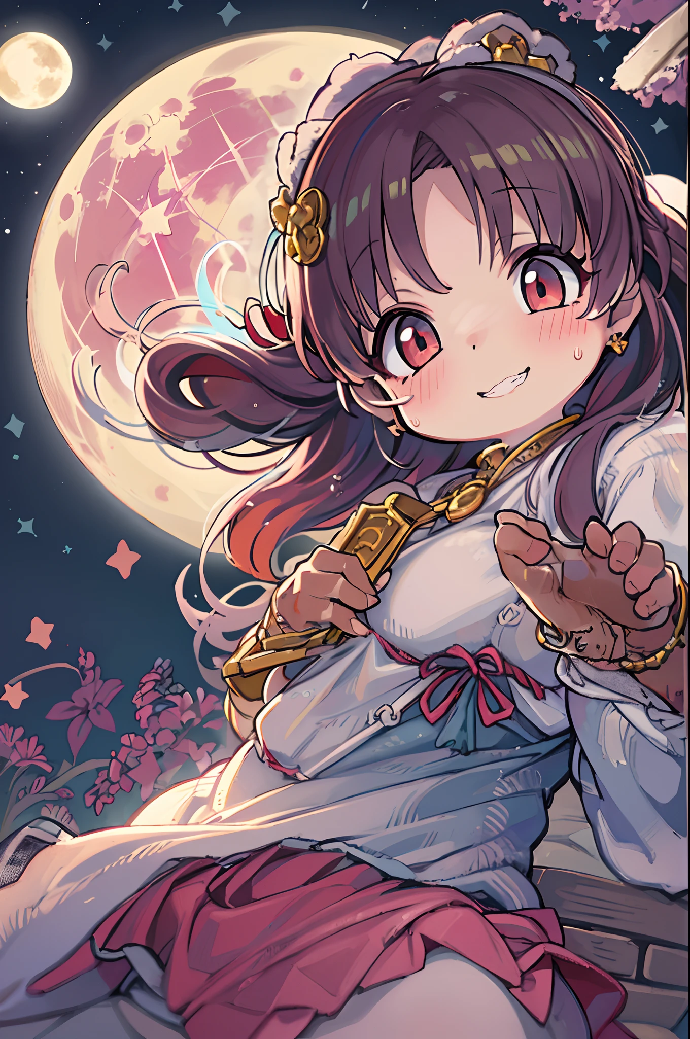 girl, looking at you, Face, High quality, Radiant, natta, red velvet,under big full moon、Looking up at the moon、fullmoon、Chibi