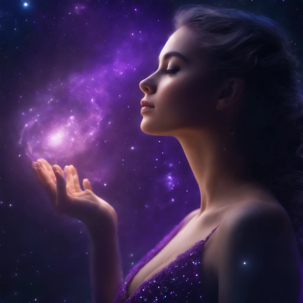 galaxias, space, Starcloud, stars, glitters, Smoke, (Girl shape), intricately details, rendering by octane, Ultra photo realsisim , rendering by octane, 8K, uplit ,Purple dream art