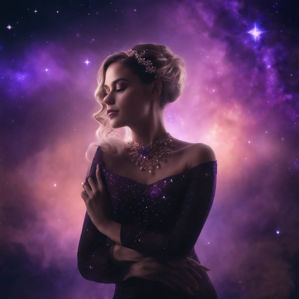 galaxias, space, Starcloud, stars, glitters, Smoke, (Girl shape), intricately details, rendering by octane, Ultra photo realsisim , rendering by octane, 8K, uplit ,Purple dream art