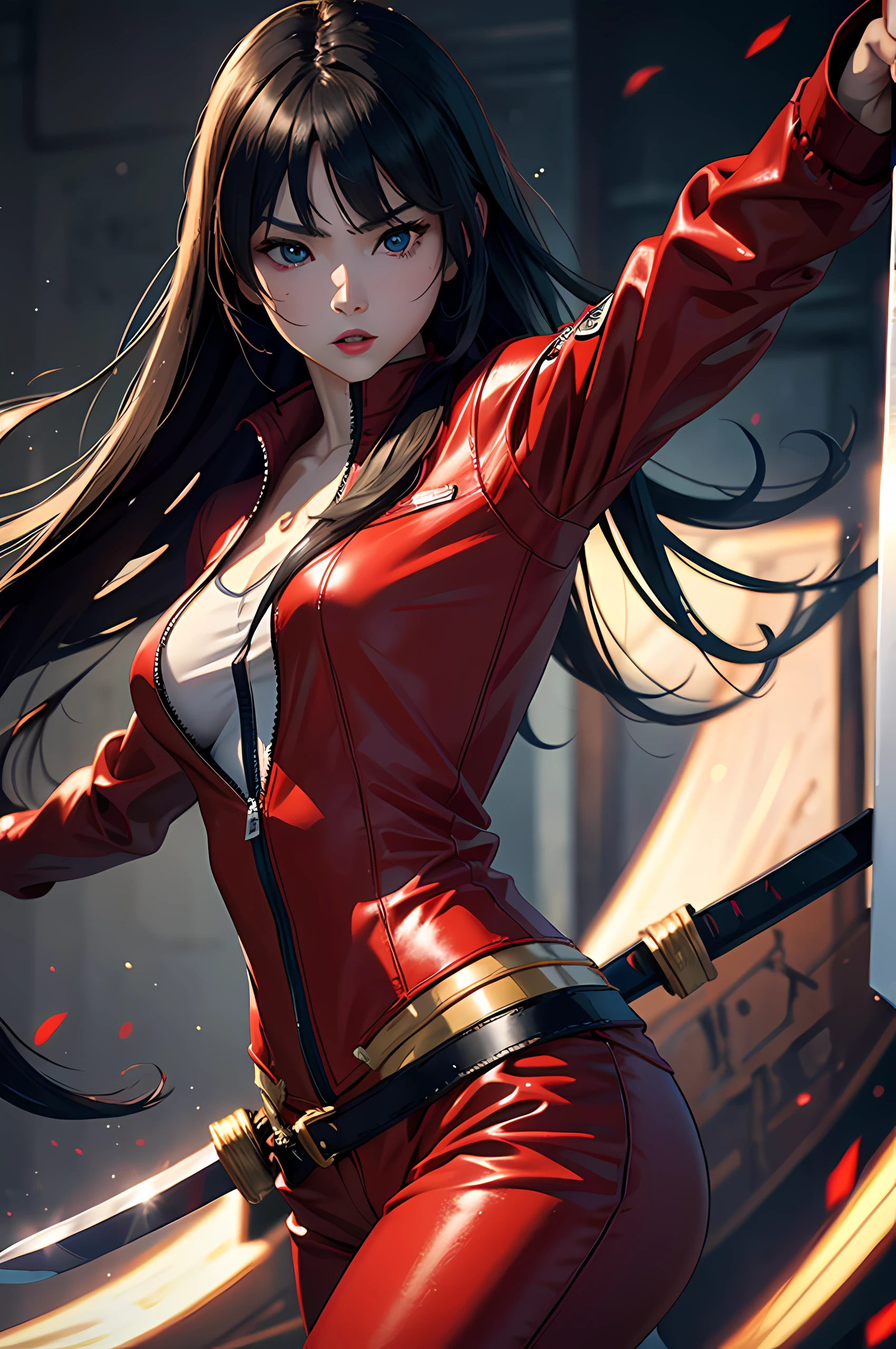 Top Quality, Photorealistic, 8K, High Definition, absurd res, high res, ultra sharp, masterpiece, (masterpiece), best quality, expressive eyes, perfect face, Super eyes, a long-shot of a pale Asian woman in a red outfit holding a sword, red lipstick, long straight hair with a fringe, katana zero video game character,anime-styled 3d,