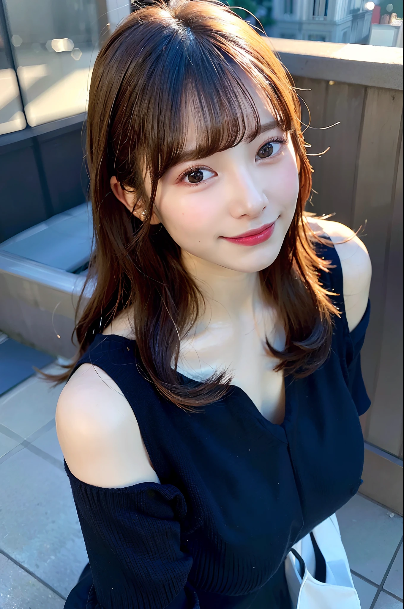 (top-quality、8K、32K、masuter piece、nffsw:1.2)、、profile、(slim figure:1.2)、(s lips) 、 age、off-shoulder knit、Colossal tits、二重まぶた、shinny skin、Realistic rays、mare、beauitful face、(A smile:1.3)、crouching down、(From above:1.2)、(a closeup:1.4)、blurry backround、(Front Focus)、(Dark: 1.6)、Fantasy Art、photoRealstic、Professional Lighting、extra detailed face、Award-winning、deep-shadows、