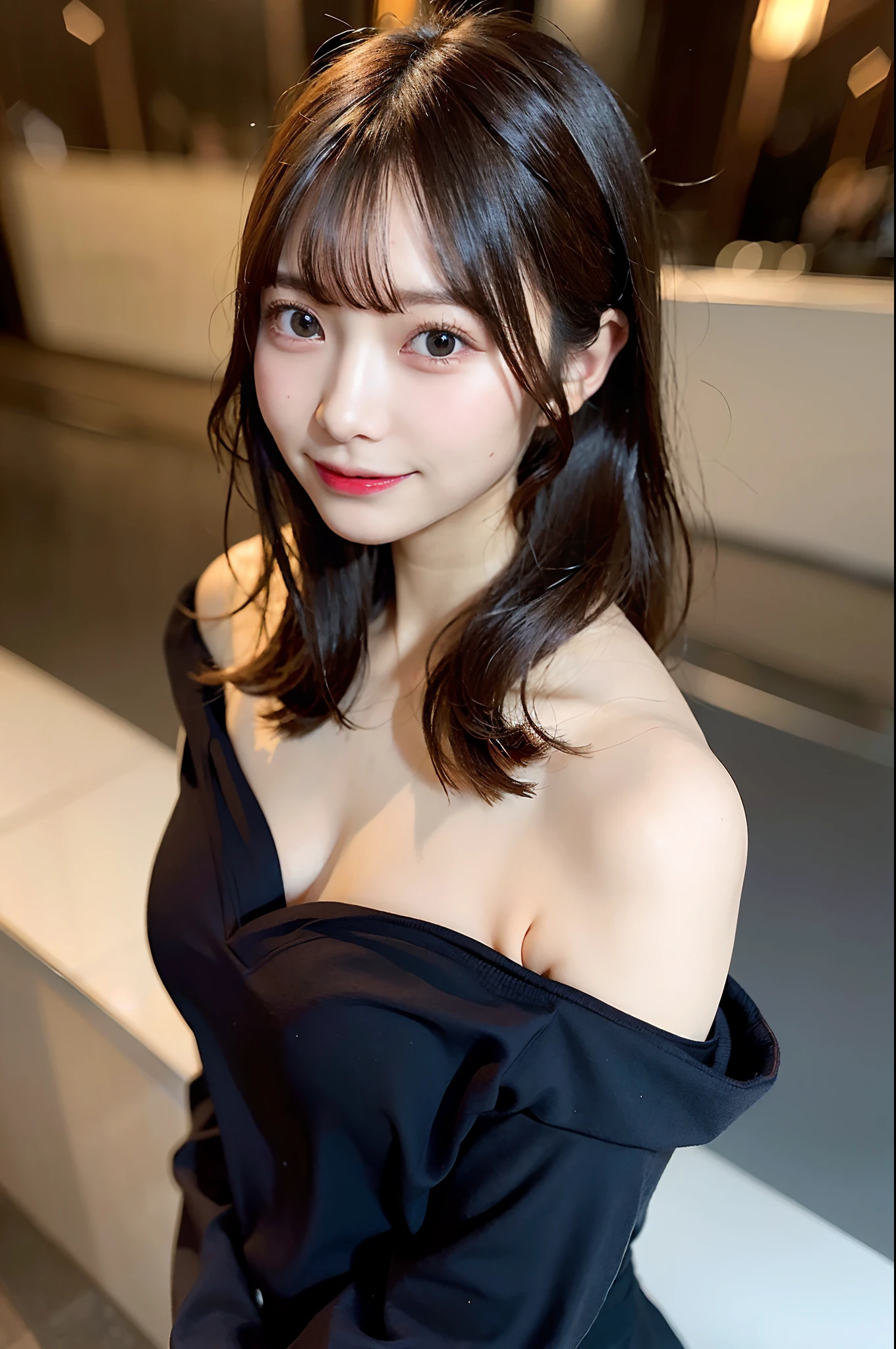 (top-quality、8K、32K、masuter piece、nffsw:1.2)、、profile、(slim figure:1.2)、(s lips) 、17 age、off-shoulder knit、Colossal tits、二重まぶた、shinny skin、Realistic rays、mare、beauitful face、(A smile:1.3)、crouching down、(From  above:1.2)、(a closeup:1.4)、blurry backround、(Front Focus)、(Dark: 1.6)、Fantasy Art、photoRealstic、Professional Lighting、extra detailed face、Award-winning、deep-shadows、
