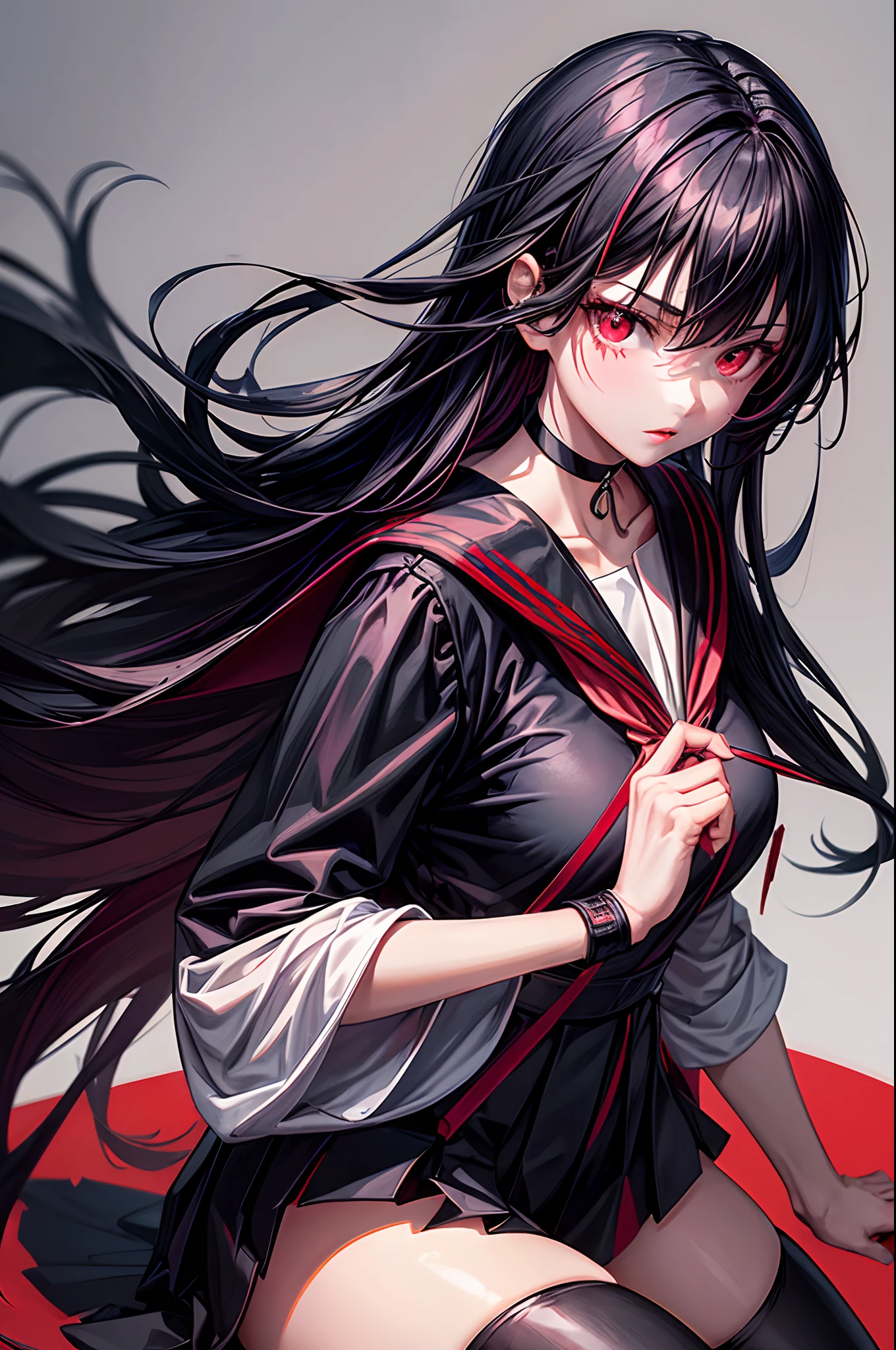 1 girl, solo, rough school background, girl with Japanese sword, perfect Japanese sword: 1.6, perfect fingers, beautiful black hair, long hair, beautiful red eyes: 1.5, pink lips, blood back on face: 1.5, black choker, ((black sailor suit with red lines)), light colored black stockings, black fingertips showing Gloves,