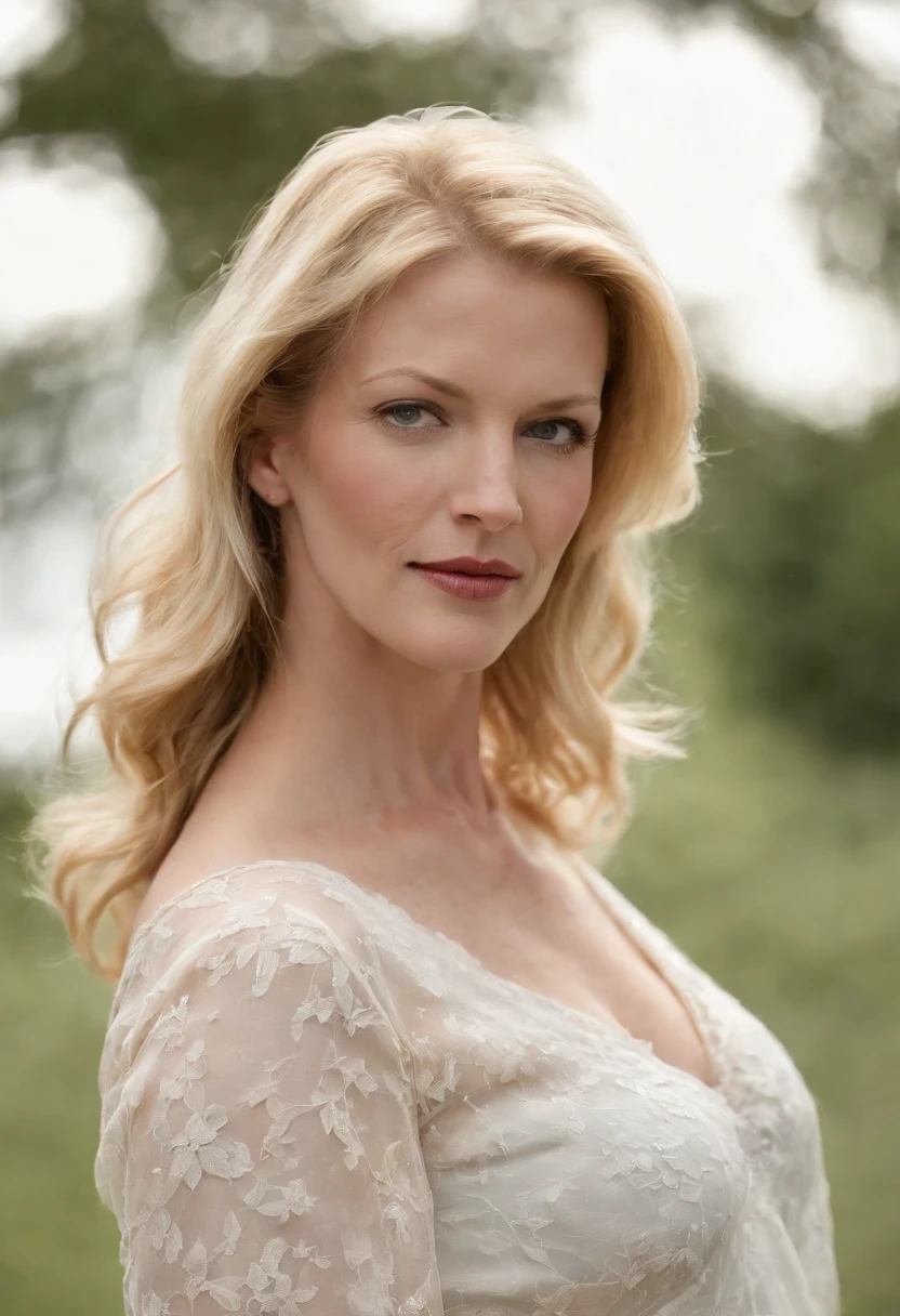 en chemise blanche debout dans un parc, Bilal Kuytul, Conception du logo, Anna Gunn the actress of Breaking Bad, a l'age de 35 ans , very high quality, Baby skin, sans ride, American, sexy,  gros joux, gros sein