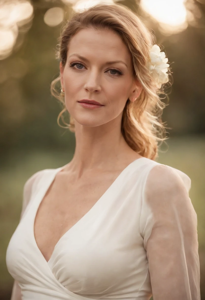 en chemise blanche debout dans un parc, Bilal Kuytul, Conception du logo, Anna Gunn the actress of Breaking Bad, a l'age de 35 ans , very high quality, Baby skin, sans ride, American, sexy, gros joux, gros sein