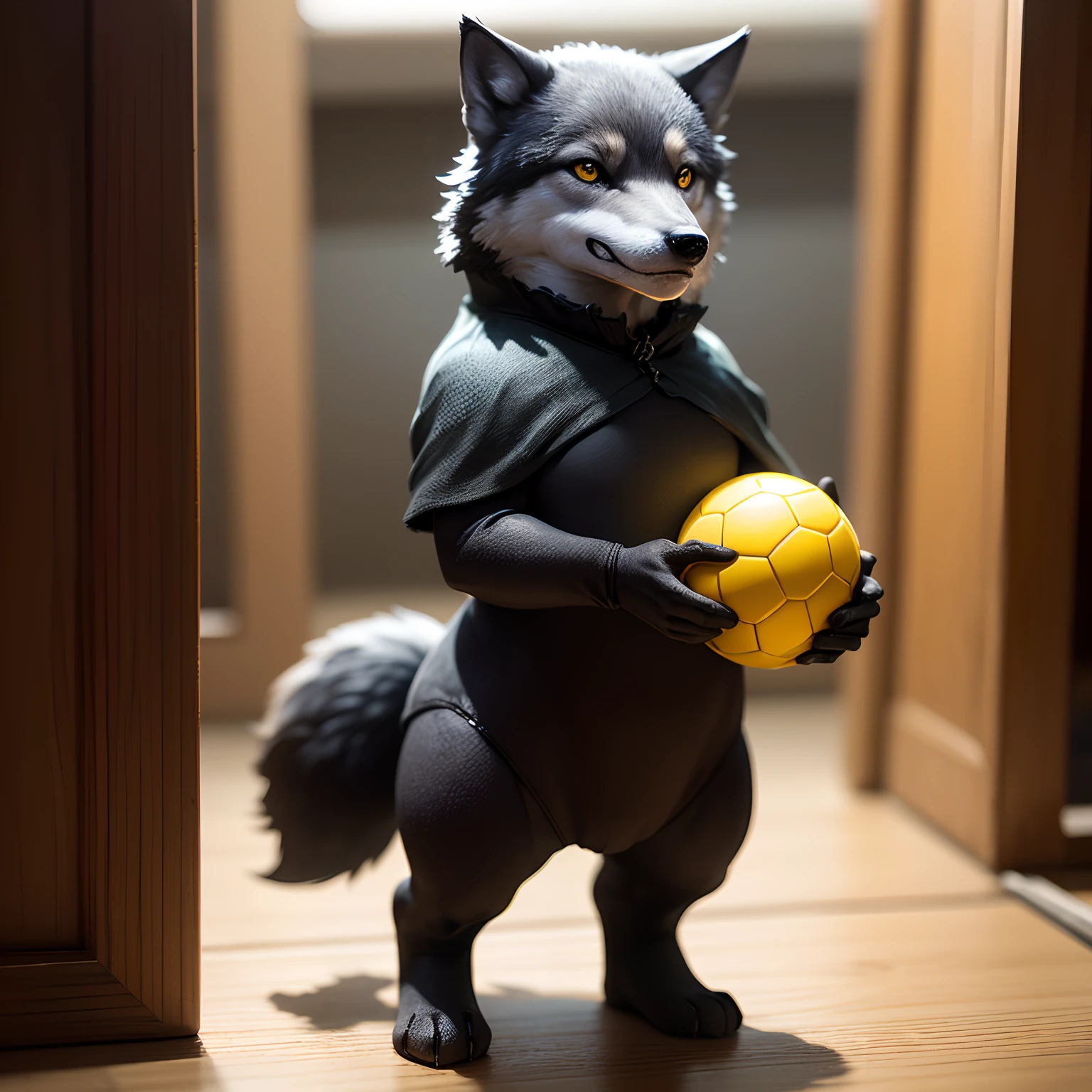 masterpiece、top-quality、ultra-detailliert、(Little wolf:1.2)、Gray and black wraith、、In his hand is a ball of yellow sticks。Smile、Standing、