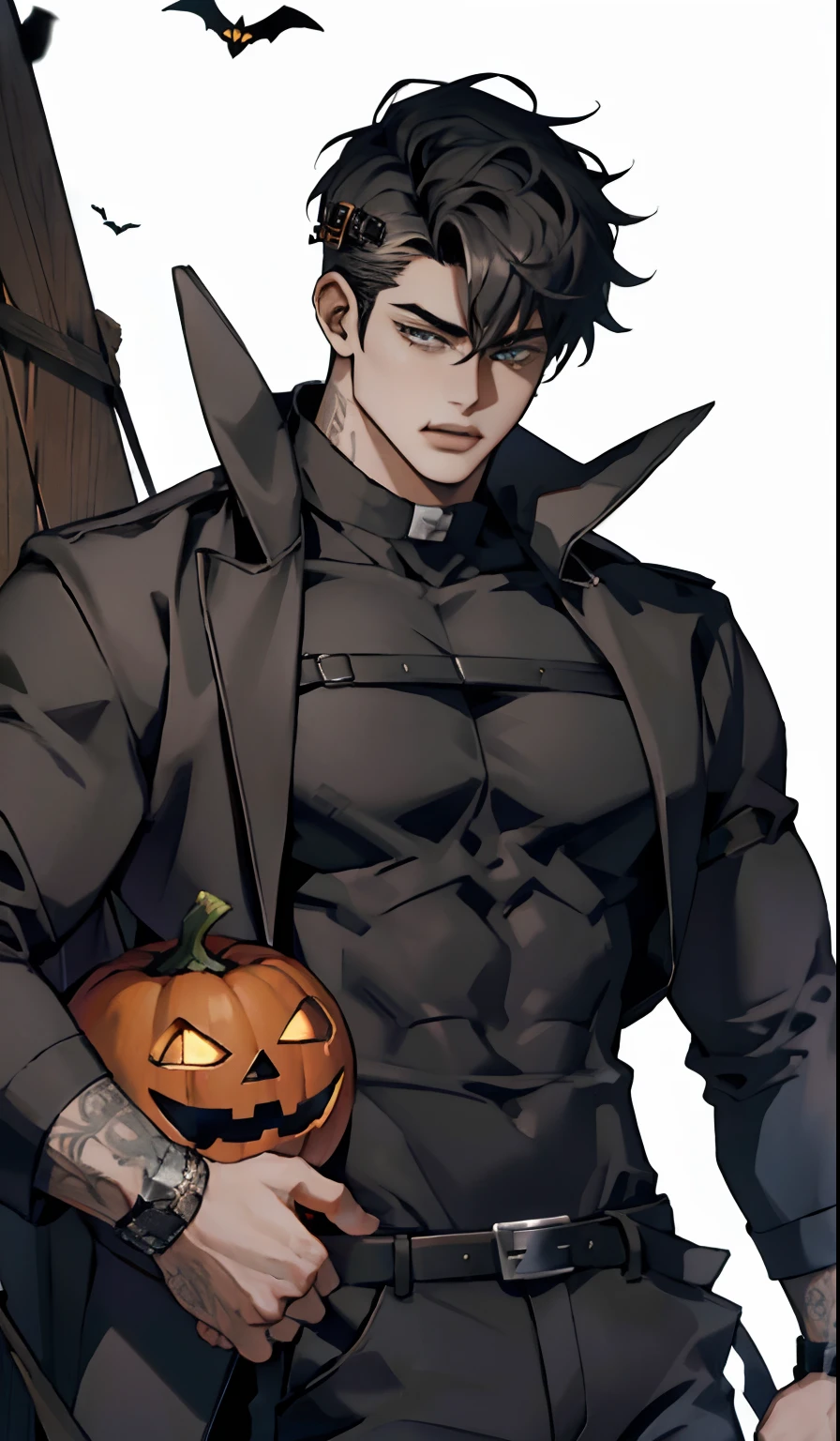 hombre guapo,Yoo Joonghyuk, 25 years old, ojos grises,disfraz de jack-o'-lantern,Hairless face, (Hay anillos de metal en los tobillos:0.8),chest muscle,oreja de bestia,Tatuajes trivales, en un huerto de calabzas con hambientacion de hallowen.