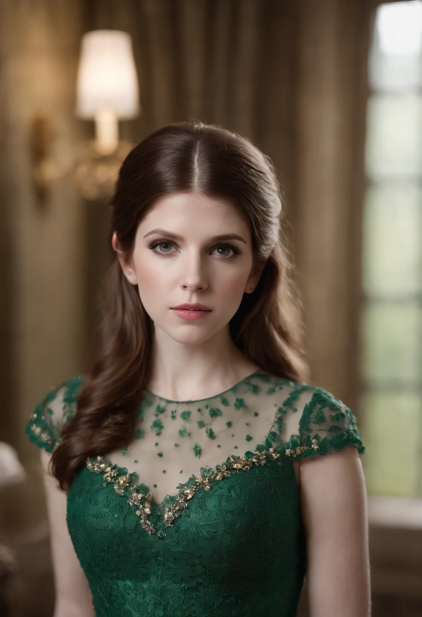 Fotografia profissional da atriz Anna Kendrick, olhos verdes, Vestido de princesa, perfect lighting