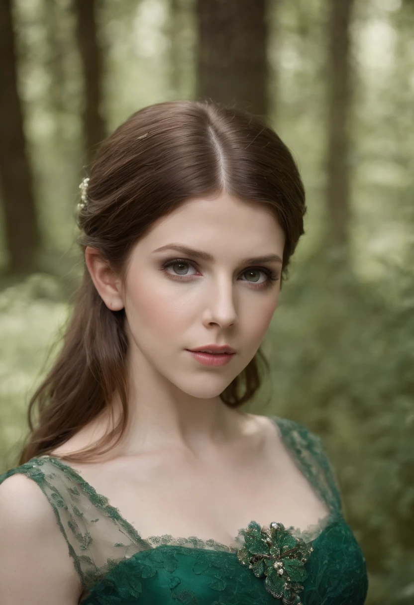 Fotografia profissional da atriz Anna Kendrick, olhos verdes, Vestido de princesa, perfect lighting