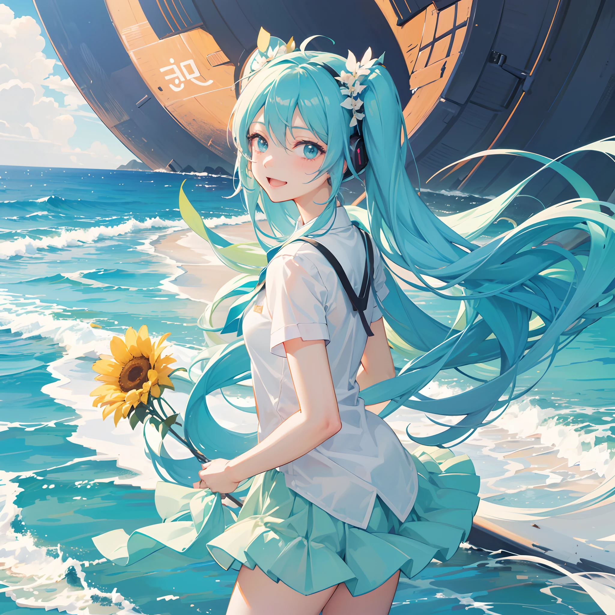 Hatsune Miku , 1 girl , Colegiala , beautiful little girl, vocaloid, 16 year old , Caminando entre cerezos , Clothes and hair moving in the wind , proporciones corporales correctas , hermosa sonrisa , calidad de imagen ultra 8k , obra maestra , detalles perfectos , viendo hacia el espectador con sonrisa encantadora