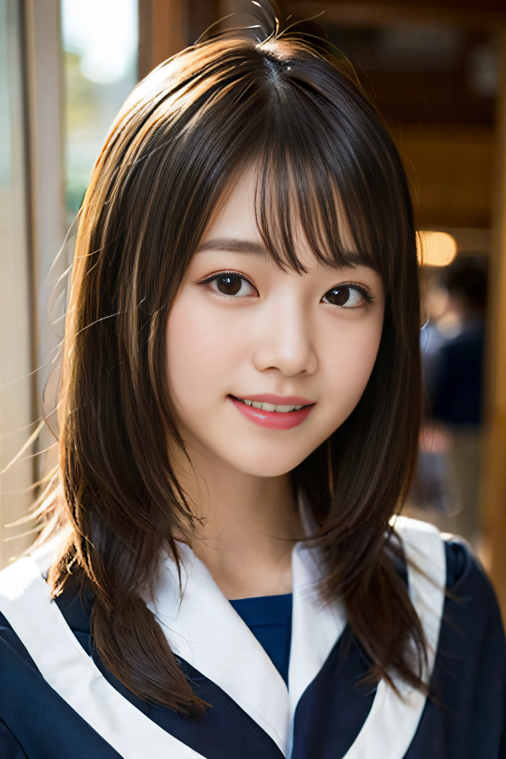 (8K、Raw photography、top-quality、masterpiece:1.2)、(realisitic、Photorealsitic:1.37)、ultra-detailliert、超A high resolution、女の子1人、see the beholder、beautifull detailed face、A smile、Constriction、(Slim waist) :1.3)、Beautiful detailed skin、Skin Texture、Floating hair、Professional Lighting、Whole human body、Longhaire、a blond、japanese hight school uniform、a sailor suit、matriculation、、Bob Hair、E-cup、Happy smile、sixteen years old、Red ribbons、a baby face、Childish smile、Suppin