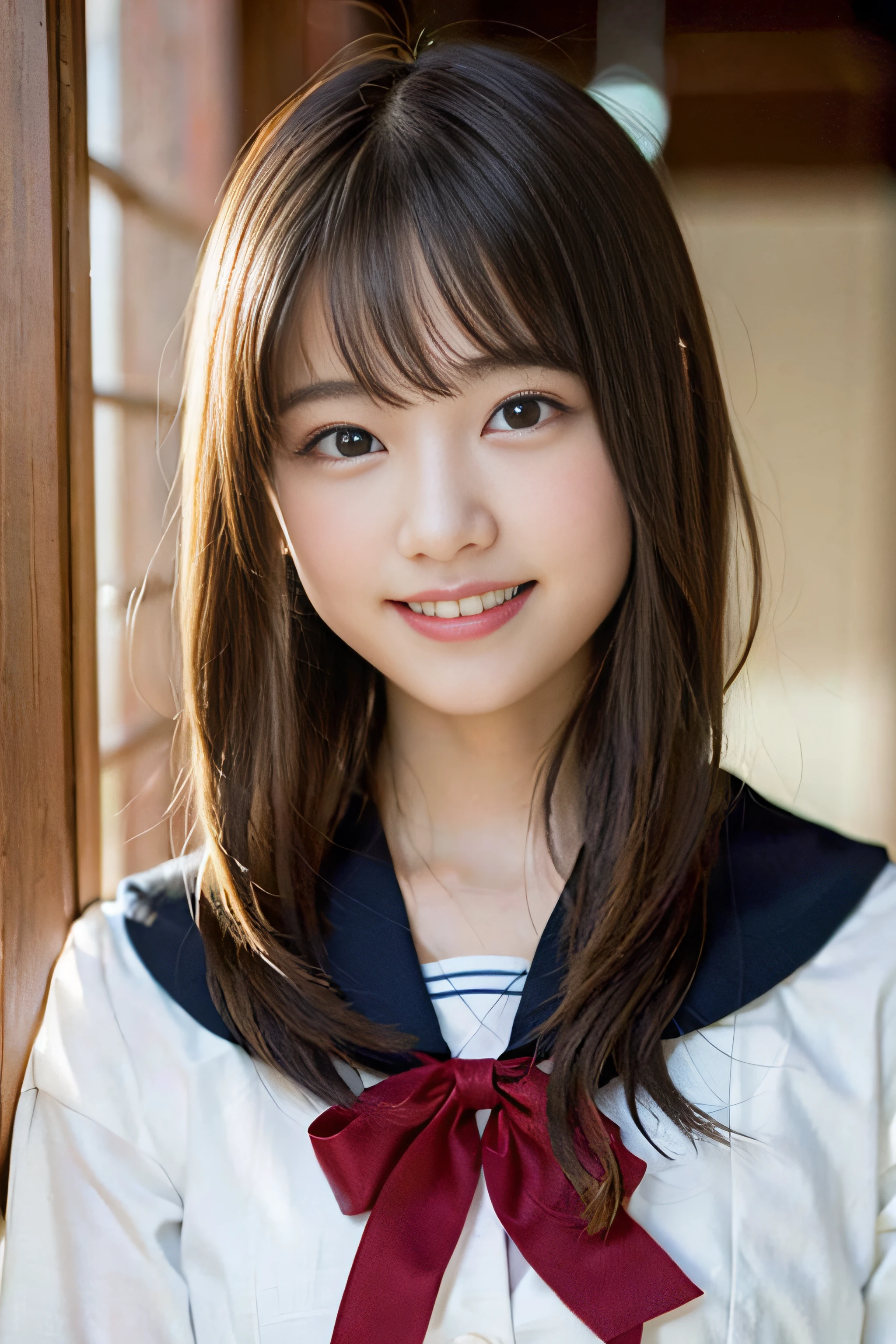 (8K、Raw photography、top-quality、​masterpiece:1.2)、(realisitic、Photorealsitic:1.37)、ultra-detailliert、超A high resolution、女の子1人、see the beholder、beautifull detailed face、A smile、Constriction、(Slim waist) :1.3)、Beautiful detailed skin、Skin Texture、Floating hair、Professional Lighting、Whole human body、Longhaire、a blond、japanese hight school uniform、a sailor suit、matriculation、、Bob Hair、E-cup、Happy smile、sixteen years old、Red ribbons、a baby face、Childish smile、Suppin