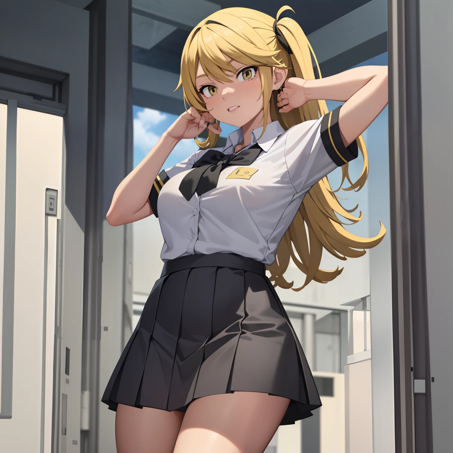 1 girl, blonde hair, bully, arrogant, arm bandaged, wearing school uniform, wear Leggu Uōmā