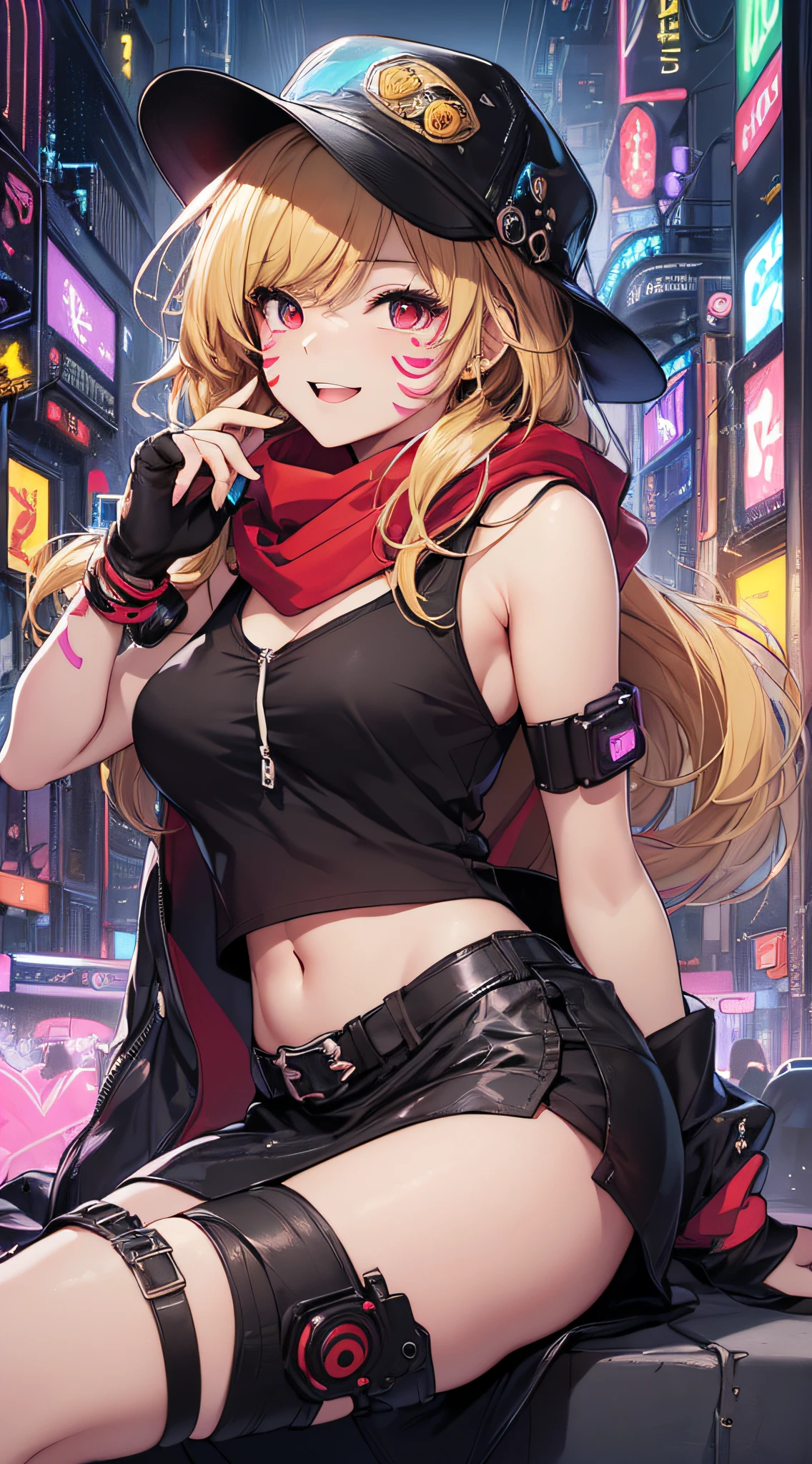 highest quality、masterpiece、4K、Blonde、Long ponytail、Slanted Eyes、blue eyes、Thick eyeliner、Pale skin、Gal、pink off shoulder clothes、Cleavage、Have many ear piercings、Belly button piercing、bracelet、Lots of accessories、Headphones、Pink Lips、Large Breasts、Short skirt、Knee-high boots、A girl playing DJ、Lots of neon、Mouth open and tongue out、red nails、Nightclub