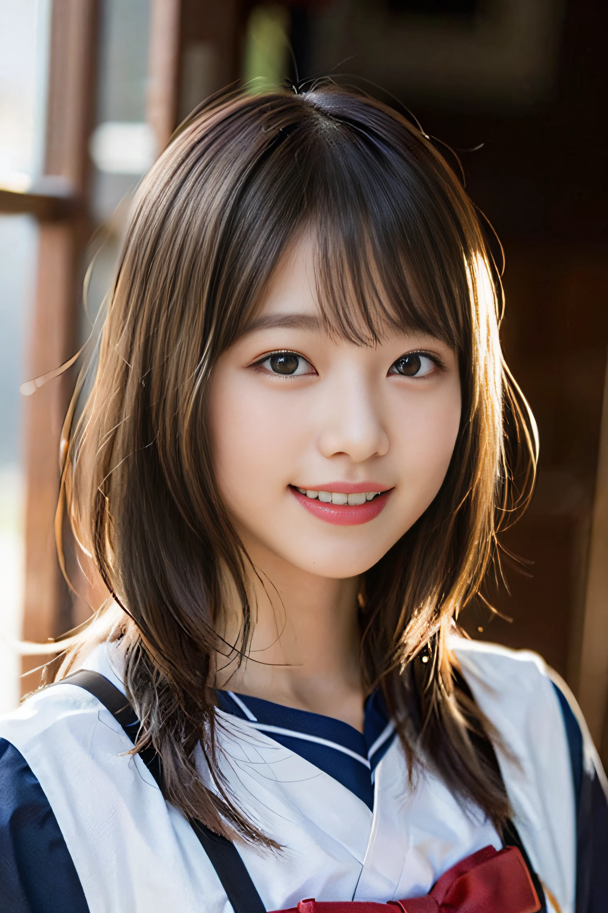 (8K、Raw photography、top-quality、​masterpiece:1.2)、(realisitic、Photorealsitic:1.37)、ultra-detailliert、超A high resolution、女の子1人、see the beholder、beautifull detailed face、A smile、Constriction、(Slim waist) :1.3)、Beautiful detailed skin、Skin Texture、Floating hair、Professional Lighting、Whole human body、Longhaire、a blond、japanese hight school uniform、a sailor suit、matriculation、、Bob Hair、E-cup、Happy smile、、Red ribbons、a baby face、Childisuppin