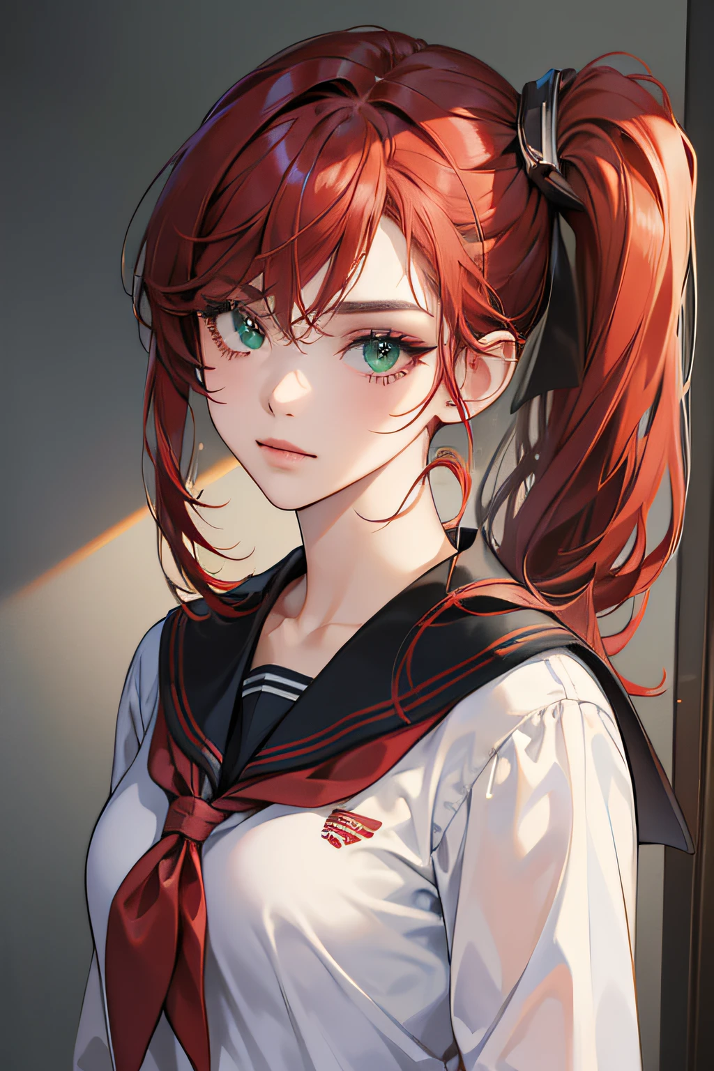 (masterpiece:1.3), (absurdres:1.3), (best quality:1.3), (ultra-detailed:1.3),(best shadow:0.7), (handled hair), (sharp eyeliner, eyeshadow, detailed eyes:1.1), perfect anatomy, BREAK, 1girl, solo, RED HAIR, hair between eyes, GREEN EYES, glowing eyes, sailor collar, school uniform, side ponytail, sidelocks, --auto