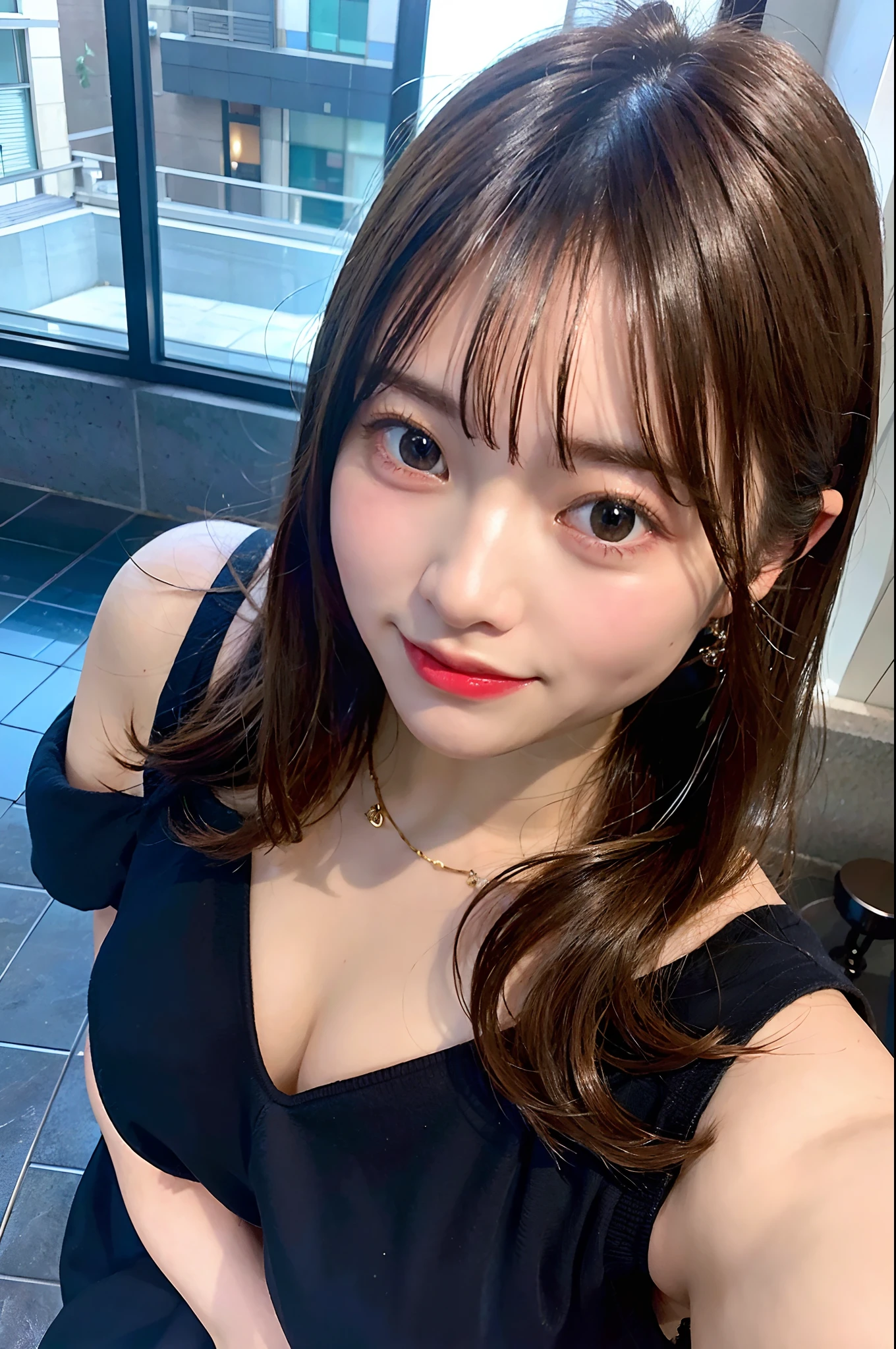 top-quality、超A high resolution、(Photorealsitic:1.4)、1人、Off-shoulder red shirt、Black tight skirt、Black choker、(faded ash gray hair:1)、(huge-breasted:1.2)、a closeup、