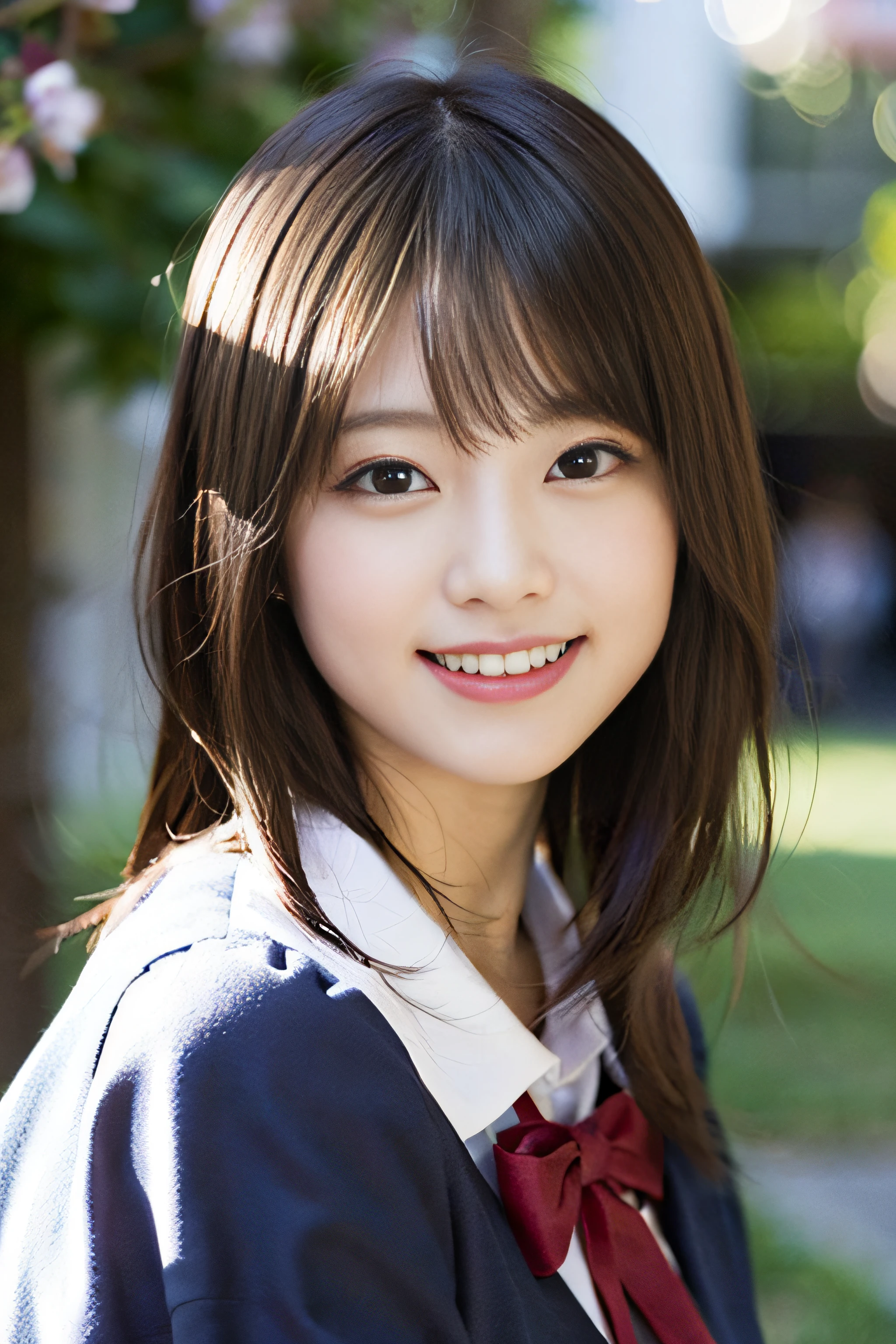 (8K、Raw photography、top-quality、masterpiece:1.2)、(realisitic、Photorealsitic:1.37)、ultra-detailliert、超A high resolution、1人、see the beholder、beautifull detailed face、A smile、Constriction、(Slim waist) :1.3)、Beautiful detailed skin、Skin Texture、Floating hair、Professional Lighting、Whole human body、Longhaire、a blond、japanese hight school uniform、hi-school girl、School route、cherry trees、Red ribbons、Bob Hair、Happy smile、Childish smile、Suppin