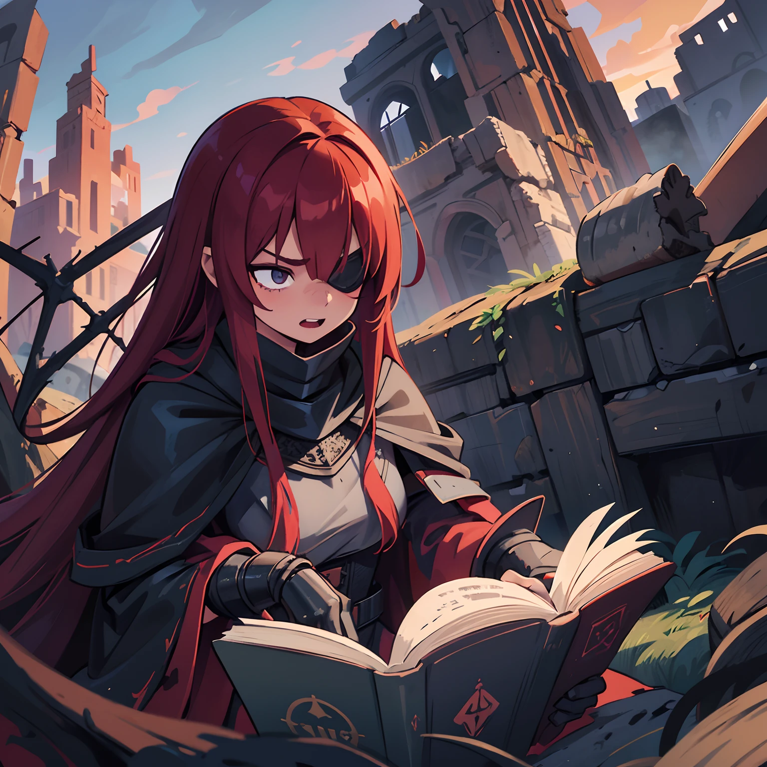 A girl with long red flowing hair, Wear a black blindfold to cover one eye, The other eye is blue, Wears black lightweight armor, Draped in a long red cloak, Fangs on the mouth, Against the background of ruins, Leaning against a tree and reading a book.