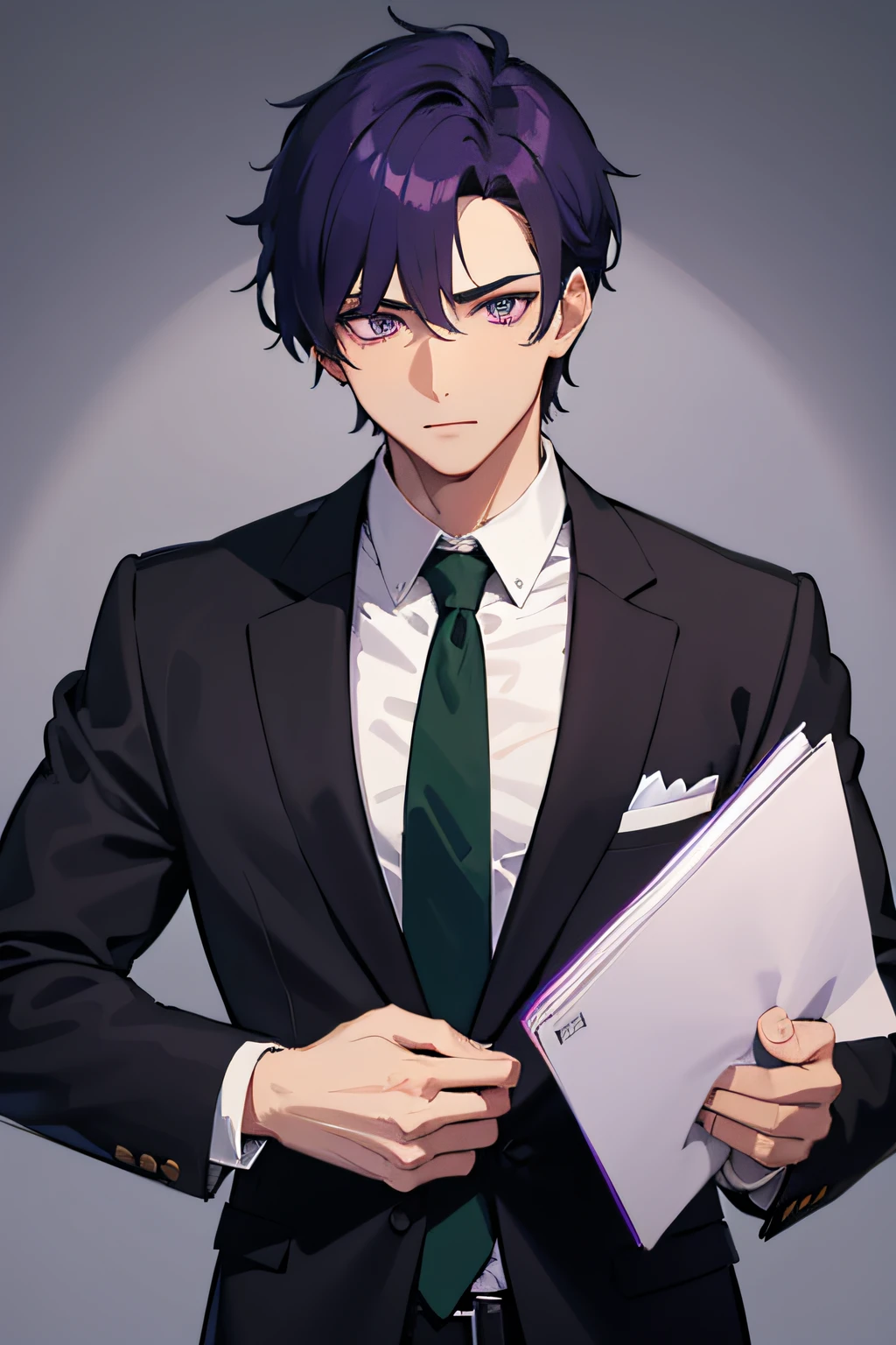 1man, boy, man, boy, man, handsome, sexy, dark purple hair, purple eyes, muscled, wearing a black blazer school uniform, green tie, classroom background