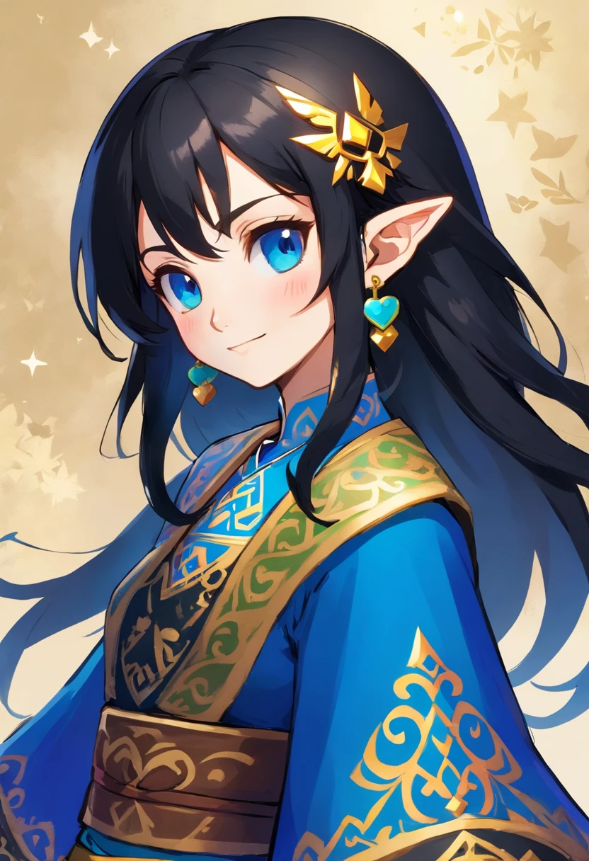 Black hair, blue eyes, festive outfit with a cheerful face