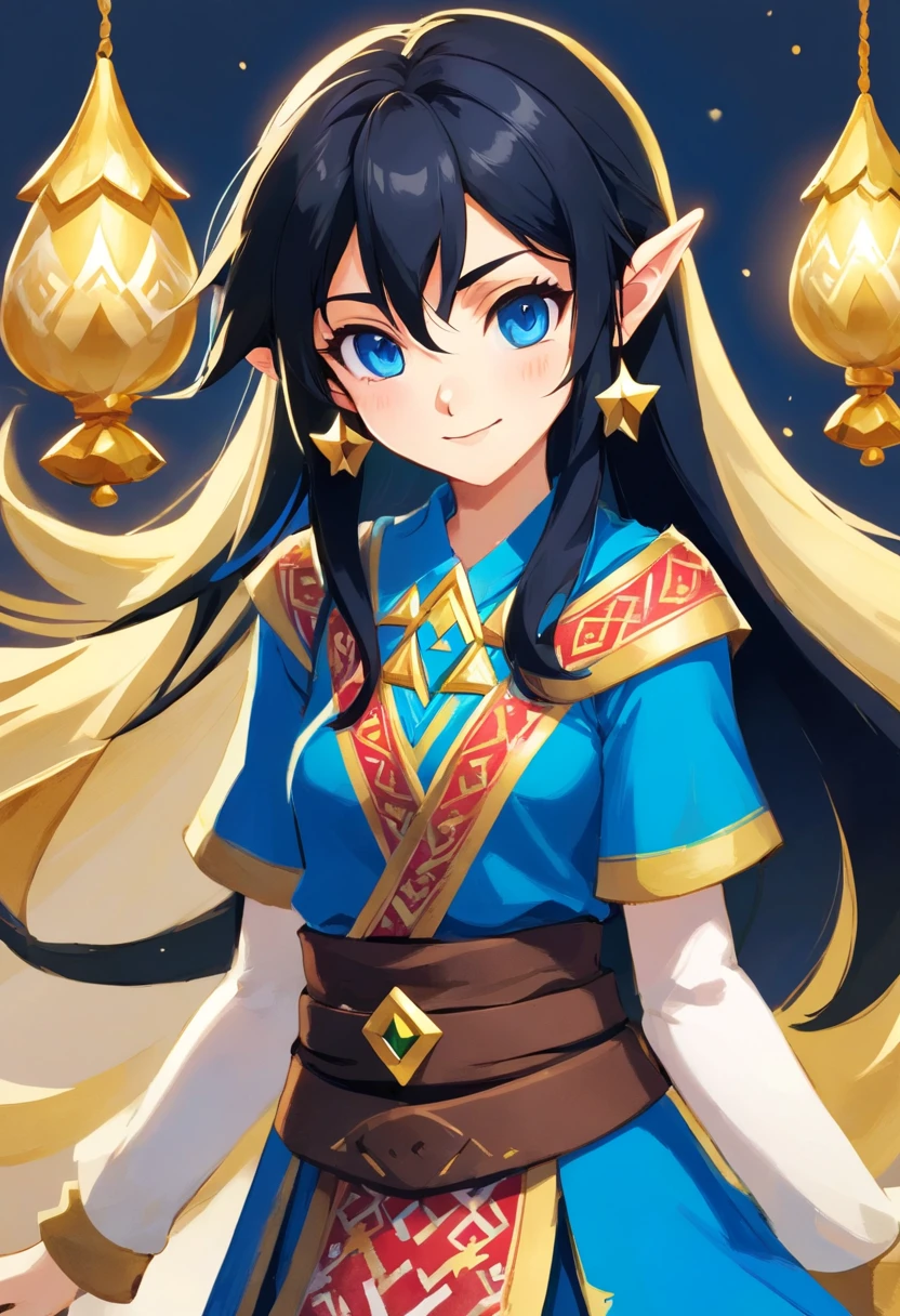 Black hair, blue eyes, festive outfit with a cheerful face
