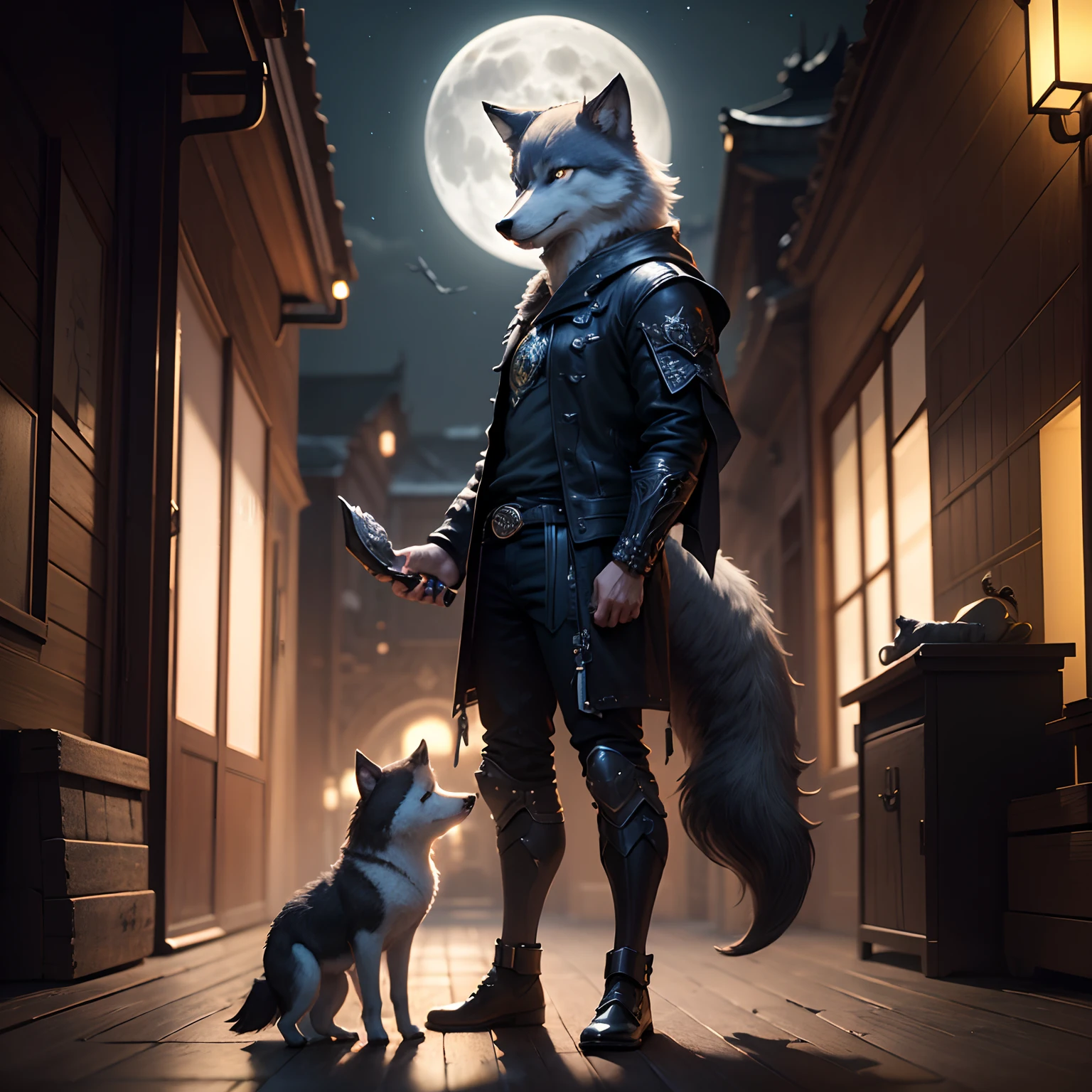 masterpiece、top-quality、ultra-detailliert、(Little Wolf:1.2)、Gray and black wraith、、In his hand is a full moon with a yellow bar。Smile、Standing、