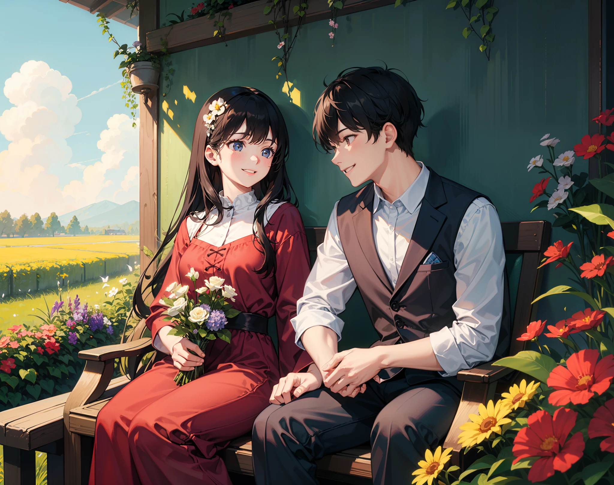 a couple, 1girl in, 1boy, the boy sleep on the girl's lap, Smile, Laugh, Romantic atmosphere, behind the flower, flower field, Blue sky, landscape