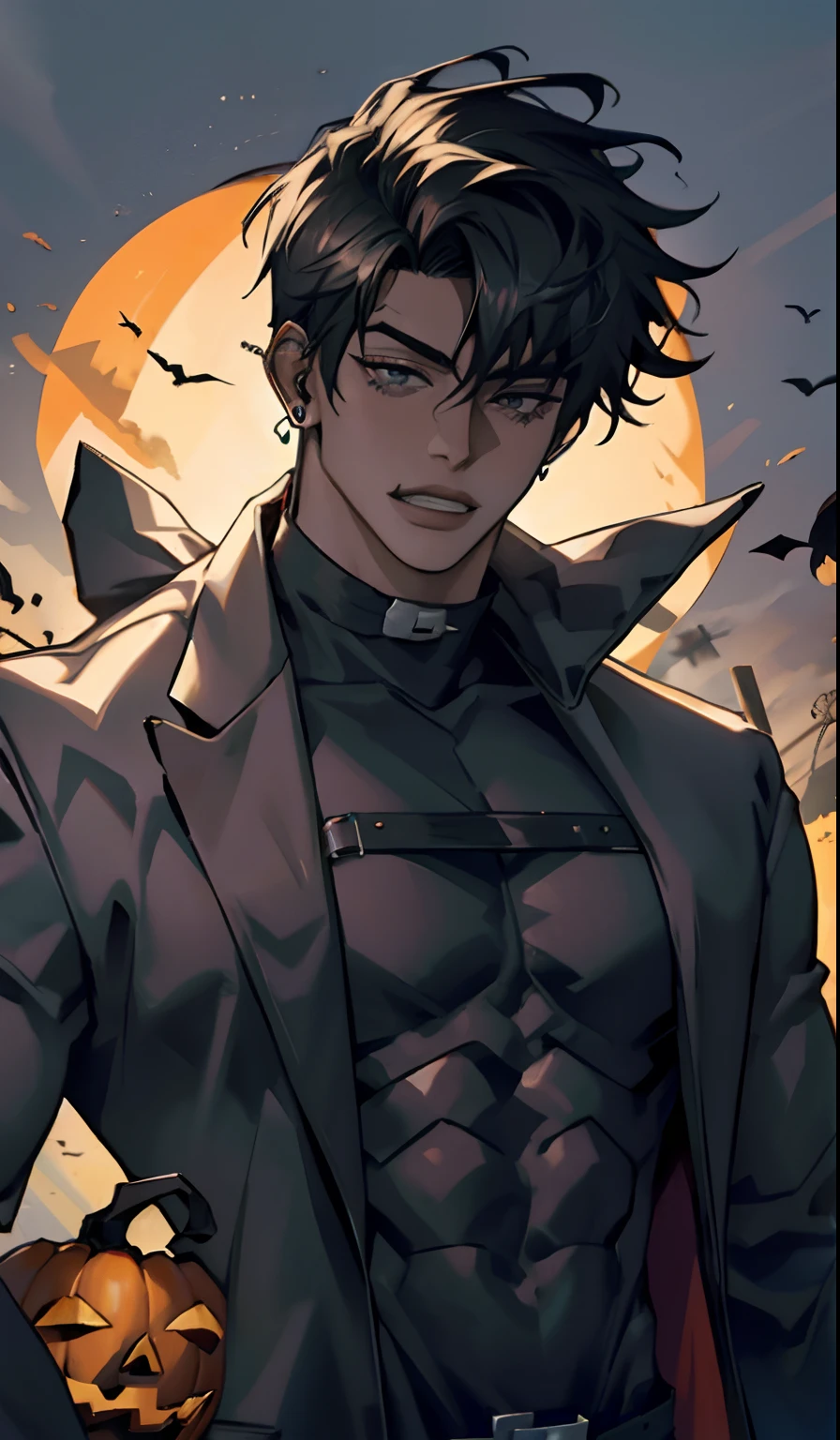hombre guapo,Yoo Joonghyuk, 25 years old, ojos grises,disfraz de jack-o'-lantern,Hairless face, (Hay anillos de metal en los tobillos:0.8),chest muscle,oreja de bestia,Tatuajes trivales, en un huerto de calabzas con hambientacion de hallowen.