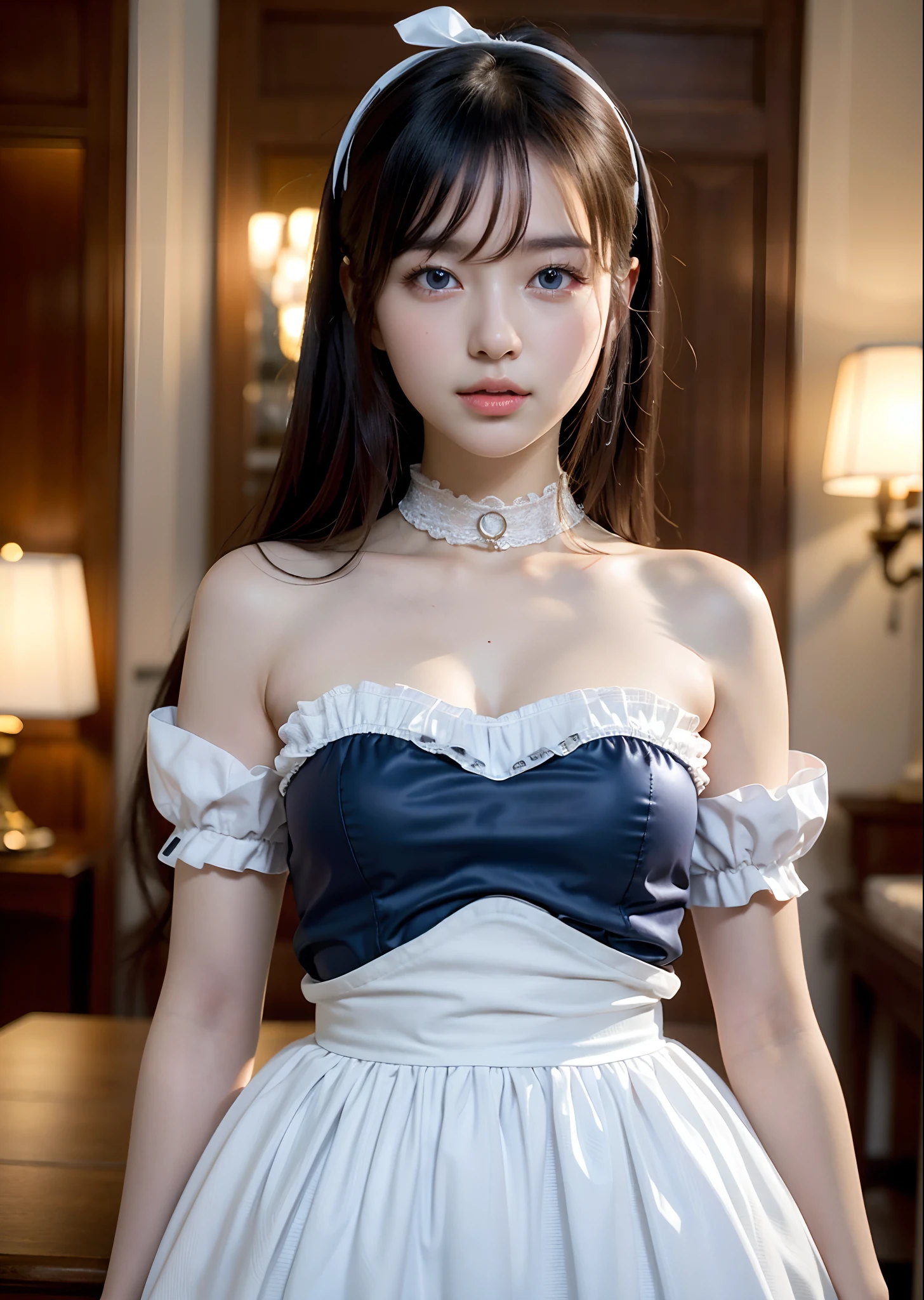Best-quality, Masterpiece, Ultra-High-Resolution, (Photorealistic:1.4), Raw Photo, depth of field, professional lighting, perfect anatomy, extremely details, 1girl, Japanese idol, cowboy shot, extremely cute face, extremely beautiful and extremely big eyes, extremely beautiful short-cut-haired, extremely beautiful skins, realistic skin texture, extremely beautiful long-eyelashes, extremely beautiful lips, childish-body, wearing French-Maid-Costume, looking at viewer, innocent smile, detailed French-Maid-Costume