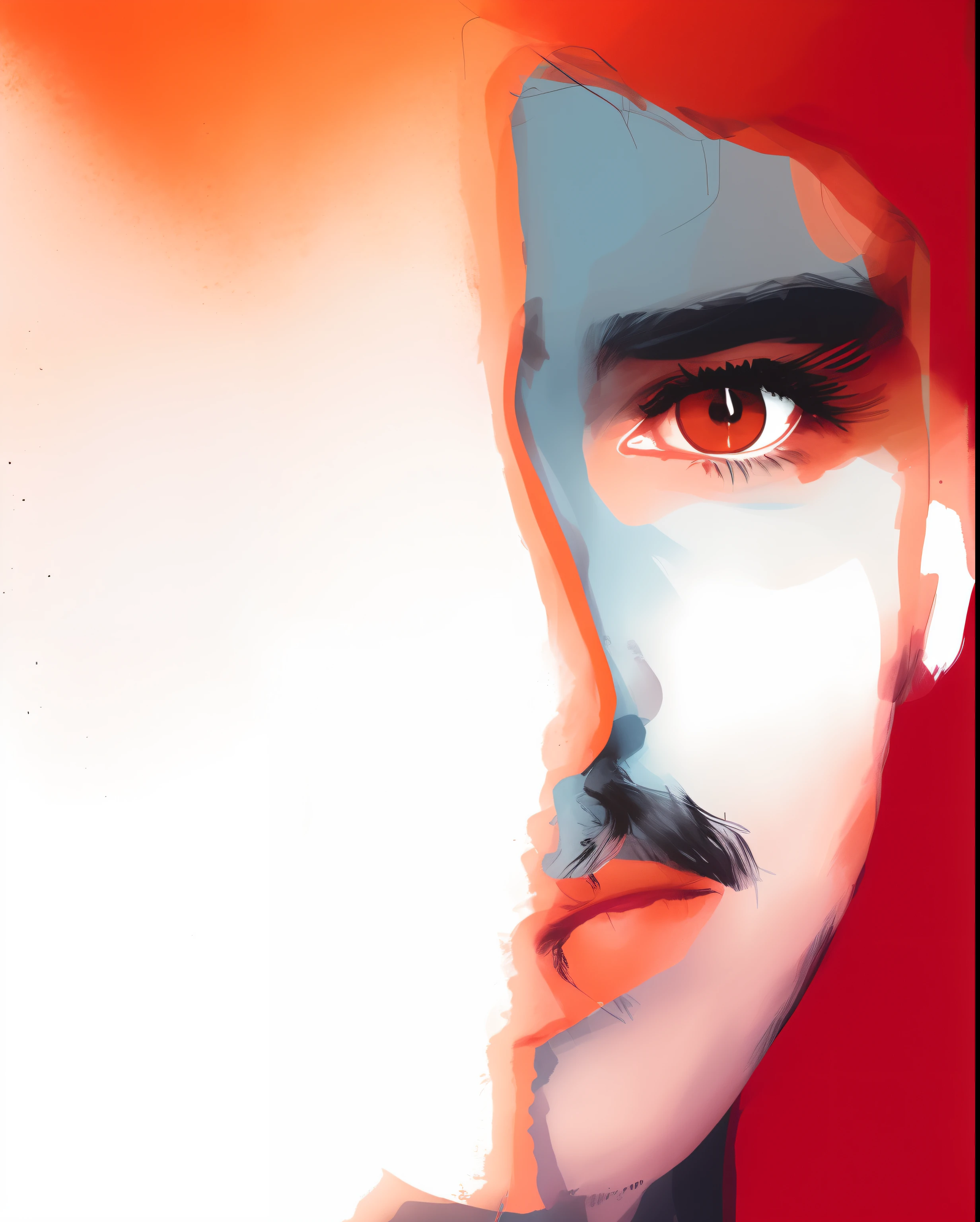 Painting of a man with a mustache and mustache on his face, demi-visage, Shady face, Portrait Digital Art, Portrait en clair-obscur, Autoportrait!!!!, looking intensely, Symmetrical portrait, demi-portrait, shaded face, Portrait abstrait, Face in the shadows, Spotlight au milieu du visage, digital art but photo, Focused gaze