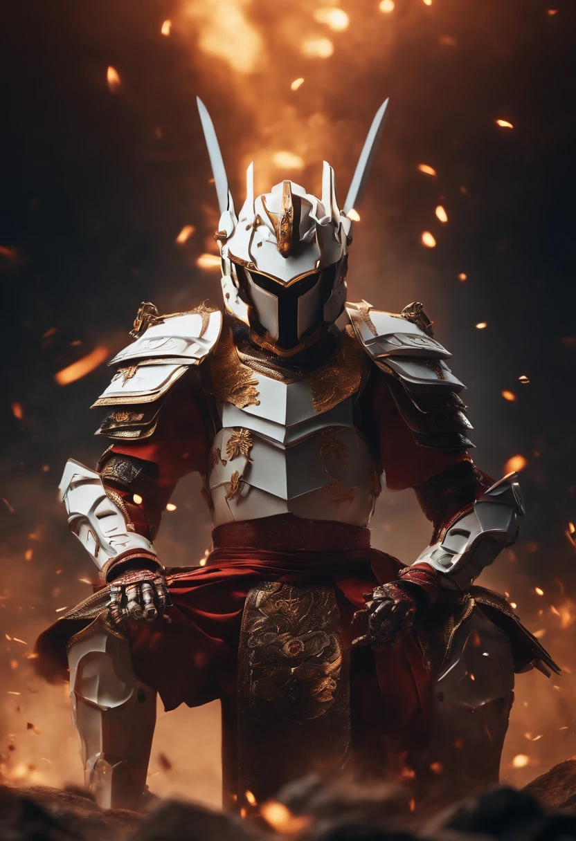 Paper Samurai Sword Half-kneeling posture Front mecha face Mechanical ascent There's an explosion scene behind the sword light overflowing 4K