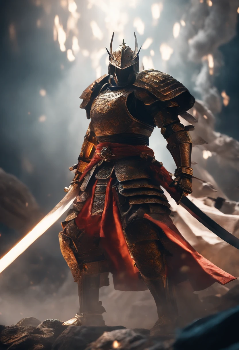 Paper Samurai Sword Half-kneeling posture Front mecha face Mechanical ascent There's an explosion scene behind the sword light overflowing 4K