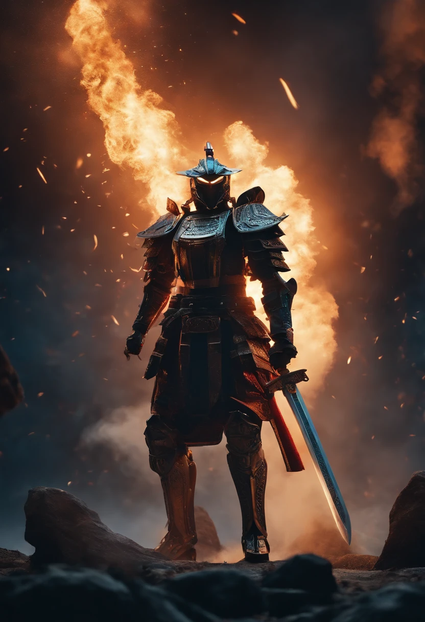 Paper Samurai Sword Half-kneeling posture Front mecha face Mechanical ascent There's an explosion scene behind the sword light overflowing 4K