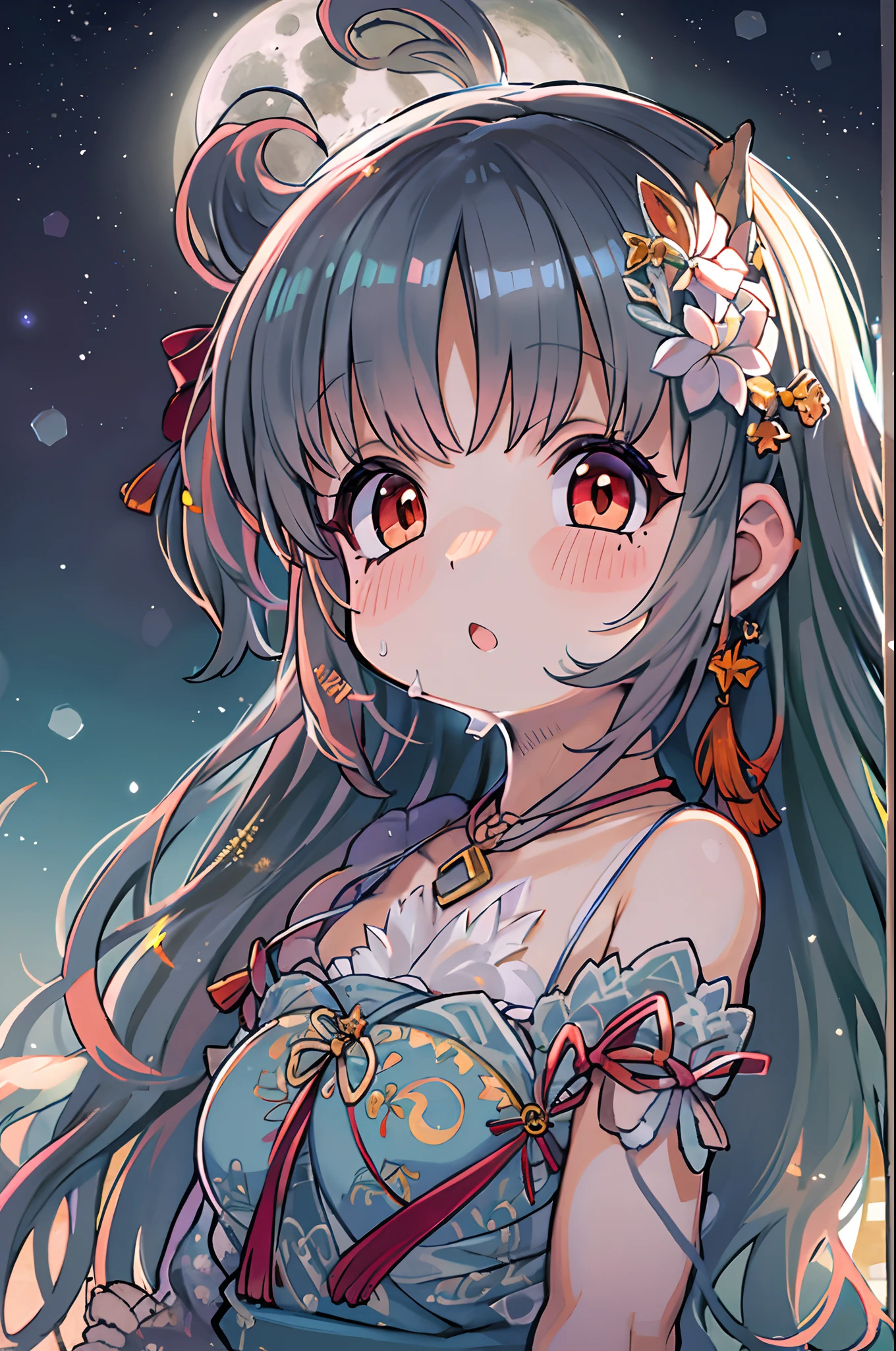 girl, looking at you, Face, High quality, Radiant, natta, red velvet,under big full moon、Looking up at the moon、fullmoon、Chibi