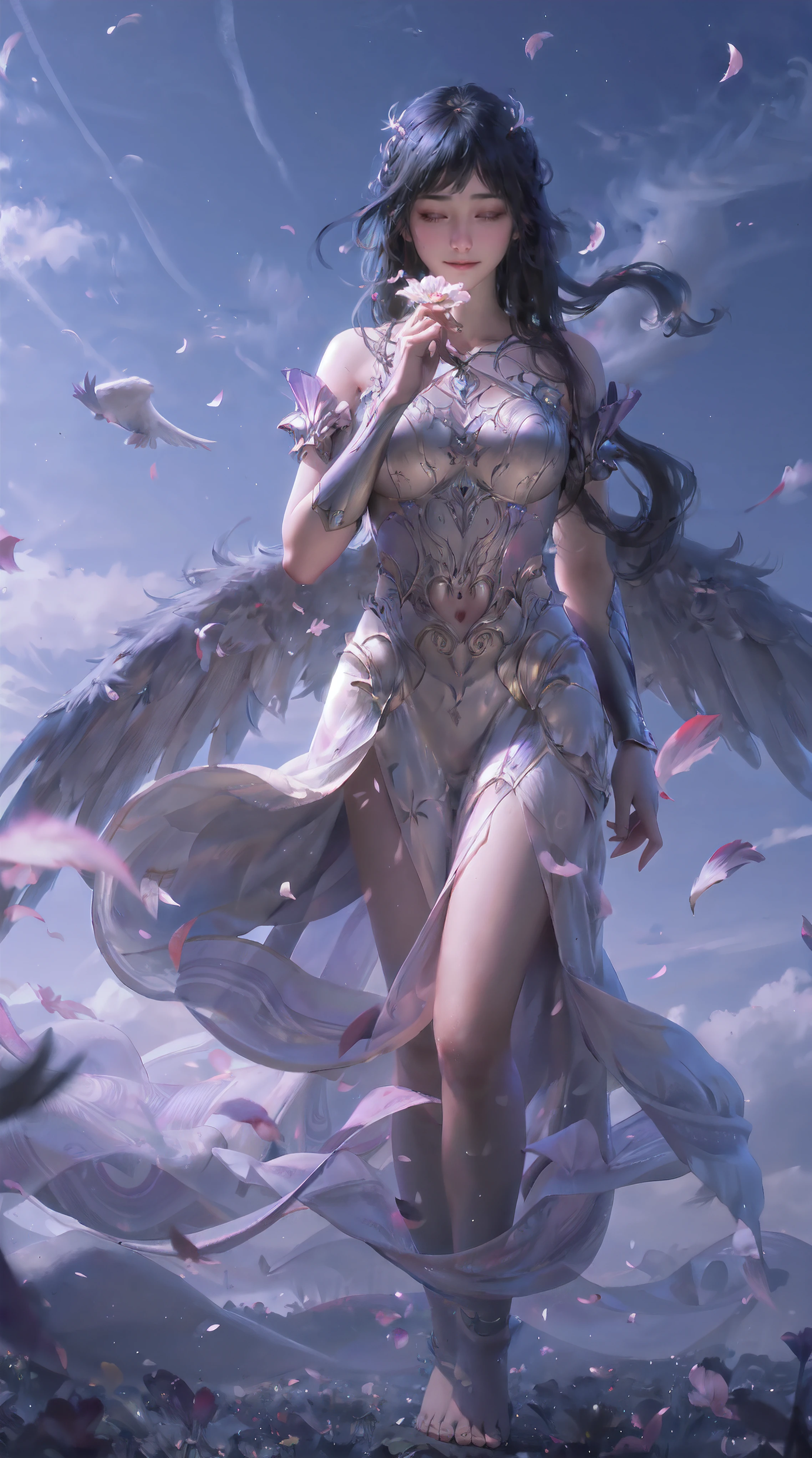 1girl, wings, solo, barefoot, flower, long hair, sky, dress, petals, outdoors, angel wings, holding, holding flower, cloud, closed eyes, feathered wings, purple hair, wind, field