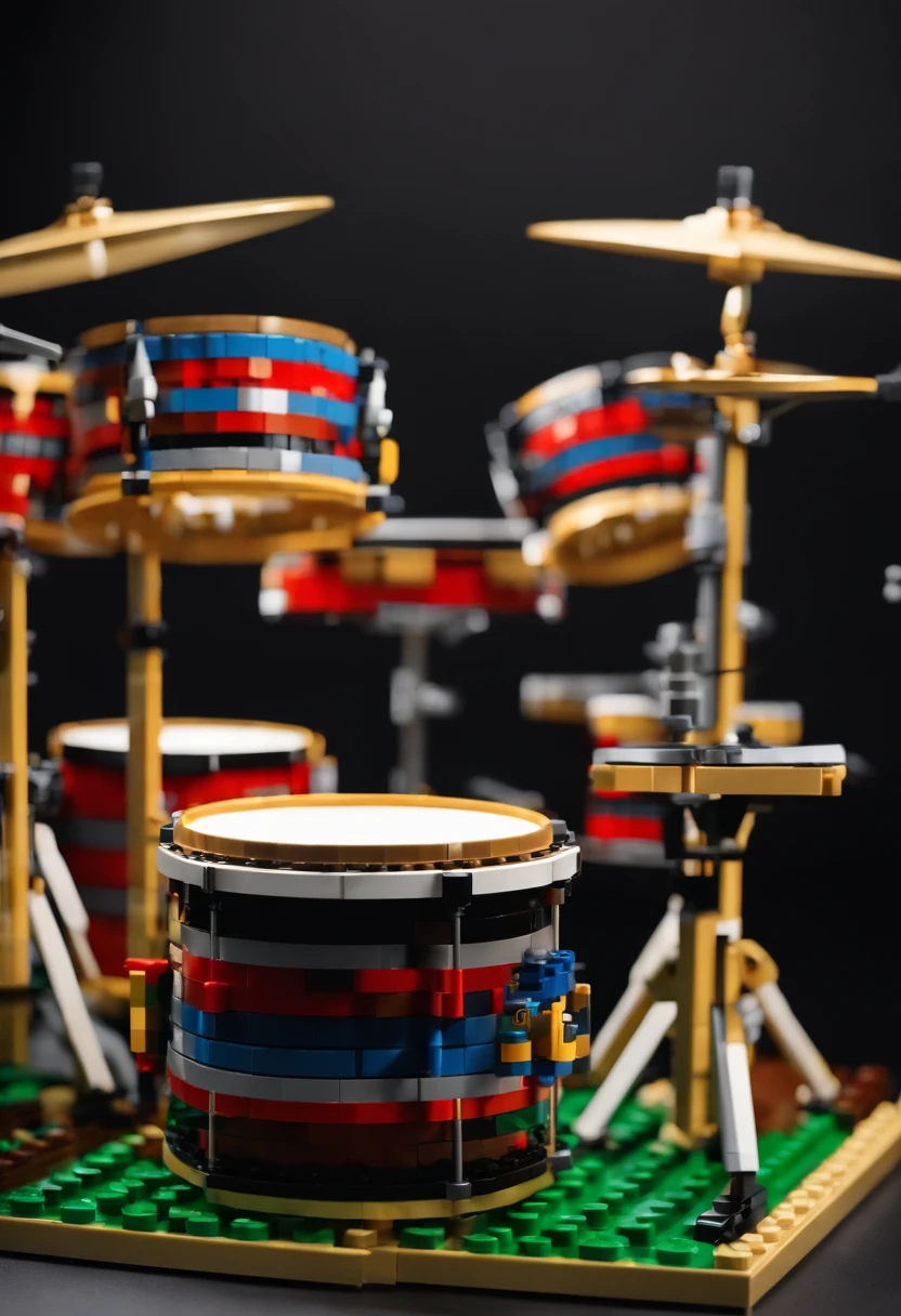 LEGO drums, made of LEGO, full drum set, LEGO style, high quality voxel art, Director: Hiroyuki Tajima, brick, voxel art, inspired by John McLaughlin