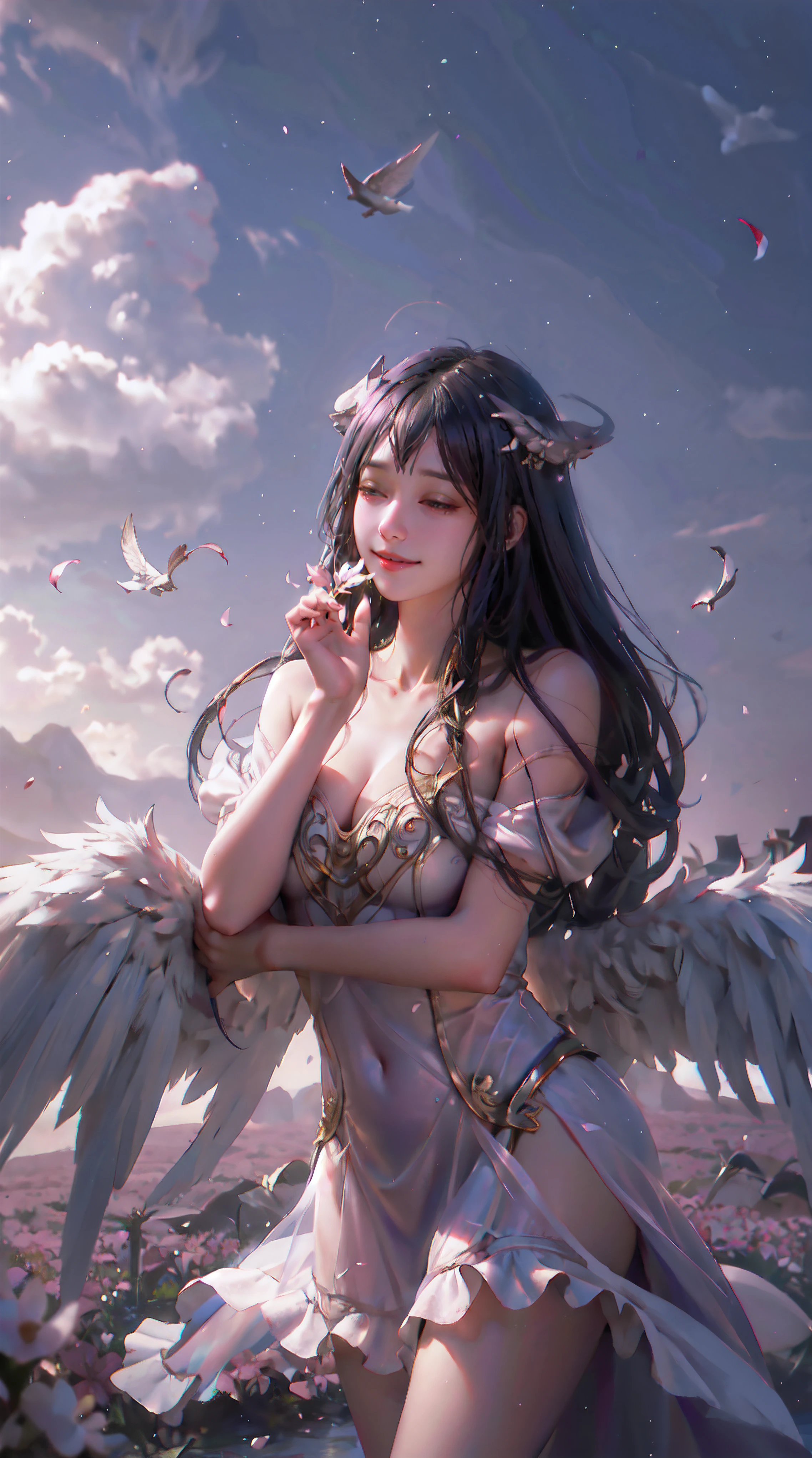 1girl, wings, solo, barefoot, flower, long hair, sky, dress, petals, outdoors, angel wings, holding, holding flower, cloud, closed eyes, feathered wings, purple hair, wind, field