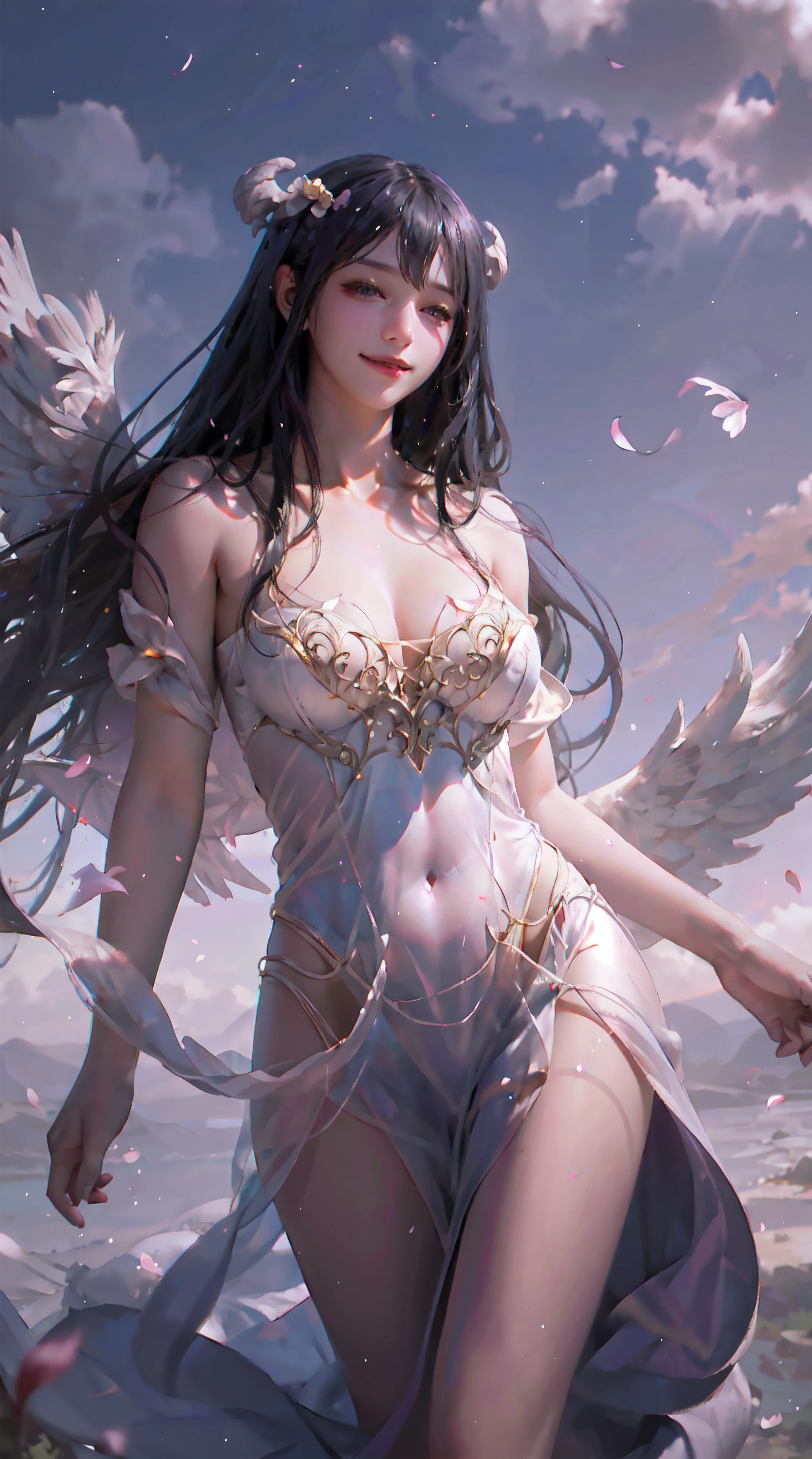 1girl, wings, solo, barefoot, flower, long hair, sky, dress, petals, outdoors, angel wings, holding, holding flower, cloud, closed eyes, feathered wings, purple hair, wind, field