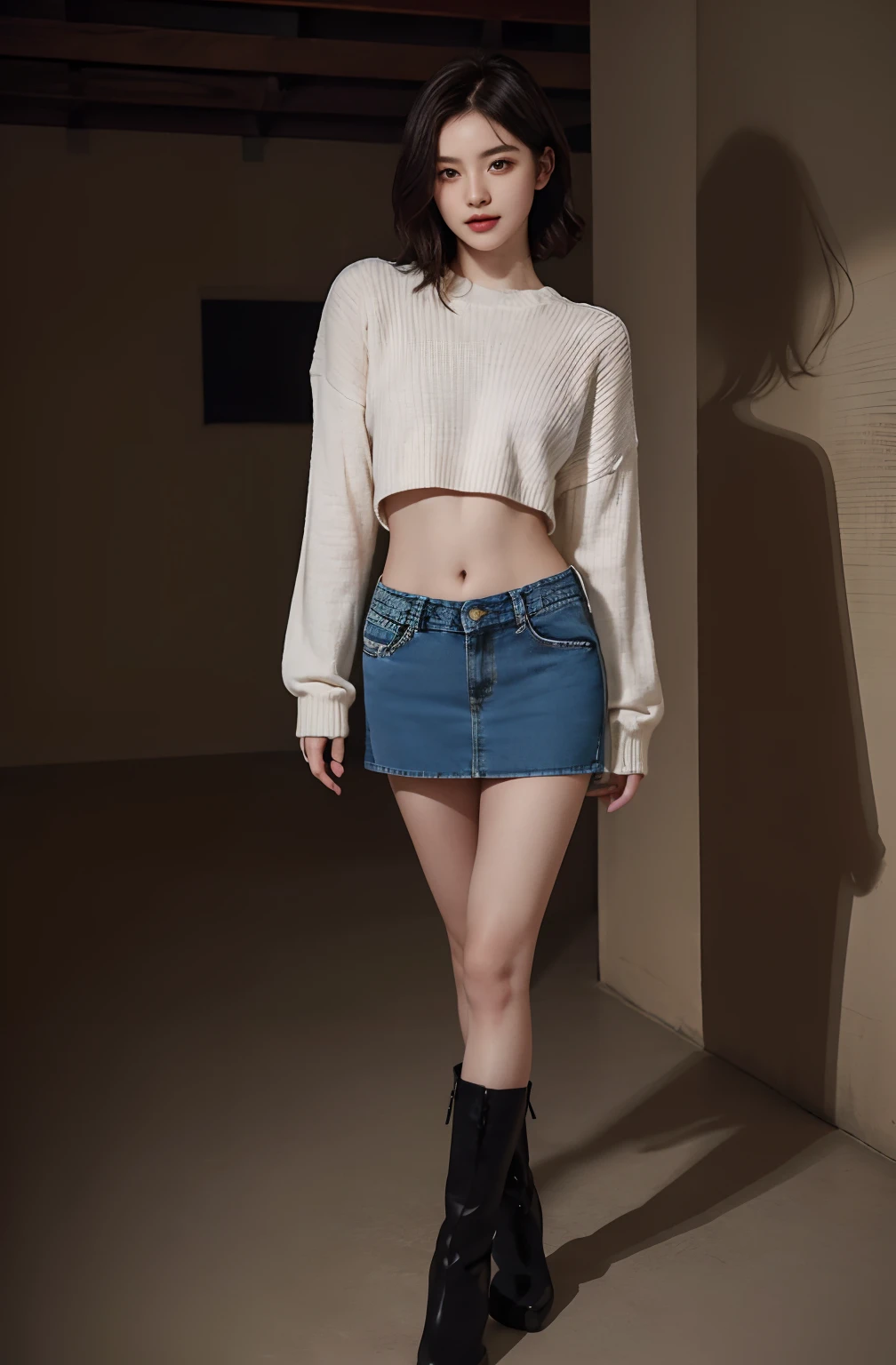(masuter piece:1.3)、(8K、Photorealsitic、Raw photography、top-quality: 1.4)、(1girl in)、beautiful countenance、(Lifelike face)、(A dark-haired、short-hair)、
Beautiful hairstyle、realisticeyes、Beautiful details、(real looking skin)、Beautiful skins、absurderes、enticing、超A high resolution、A hyper-realistic、high-detail、the golden ratio、
((wide open abdomen))、((open abdomen))、((wide open navel))、((open navel))、((Mid-Riff Sweater))、((Ultra-low rise、Denim Mini Skirt))、
((Navel Ejection))、((small hips))、((long limbs))、((Full body depiction))、((small hip))、(boots)、((Ultra-low rise))、((Denim Mini Skirt))、
((is standing))、