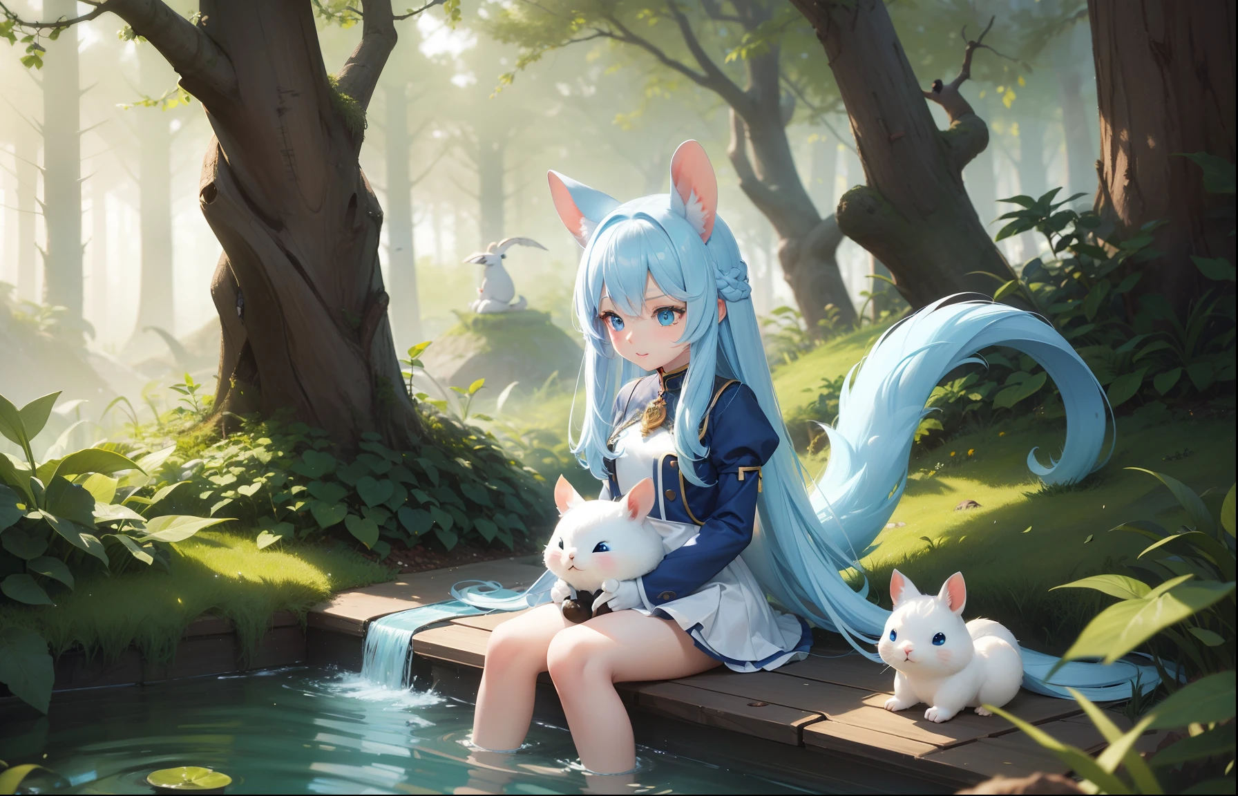 In the forest、There is a small white rabbit with long ears,  White long ears、I'm with a pretty girl with long blue hair。It is a cute costume in white and blue。Dark eyes。cute forest creature, Cute mushrooms also grow、Adorable Digital Painting, cute detailed digital art, the squirrel king, Cute digital art, cute cartoon characters, cute character, CuteCreatures, Cutie, official illustrations, Official art, squirrel, maplestory mouse, astri lohne,  cute 3d render、Take a hot spring with your forest friends