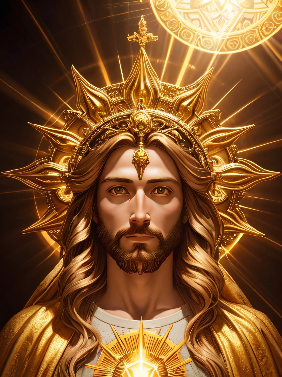 highly detailed portrait of a jesus christ sun god halo of light, gold, unreal engine, art by mark ryden, lostfish, earl norem, global illumination, god rays, detailed and intricate environment, elden ring style