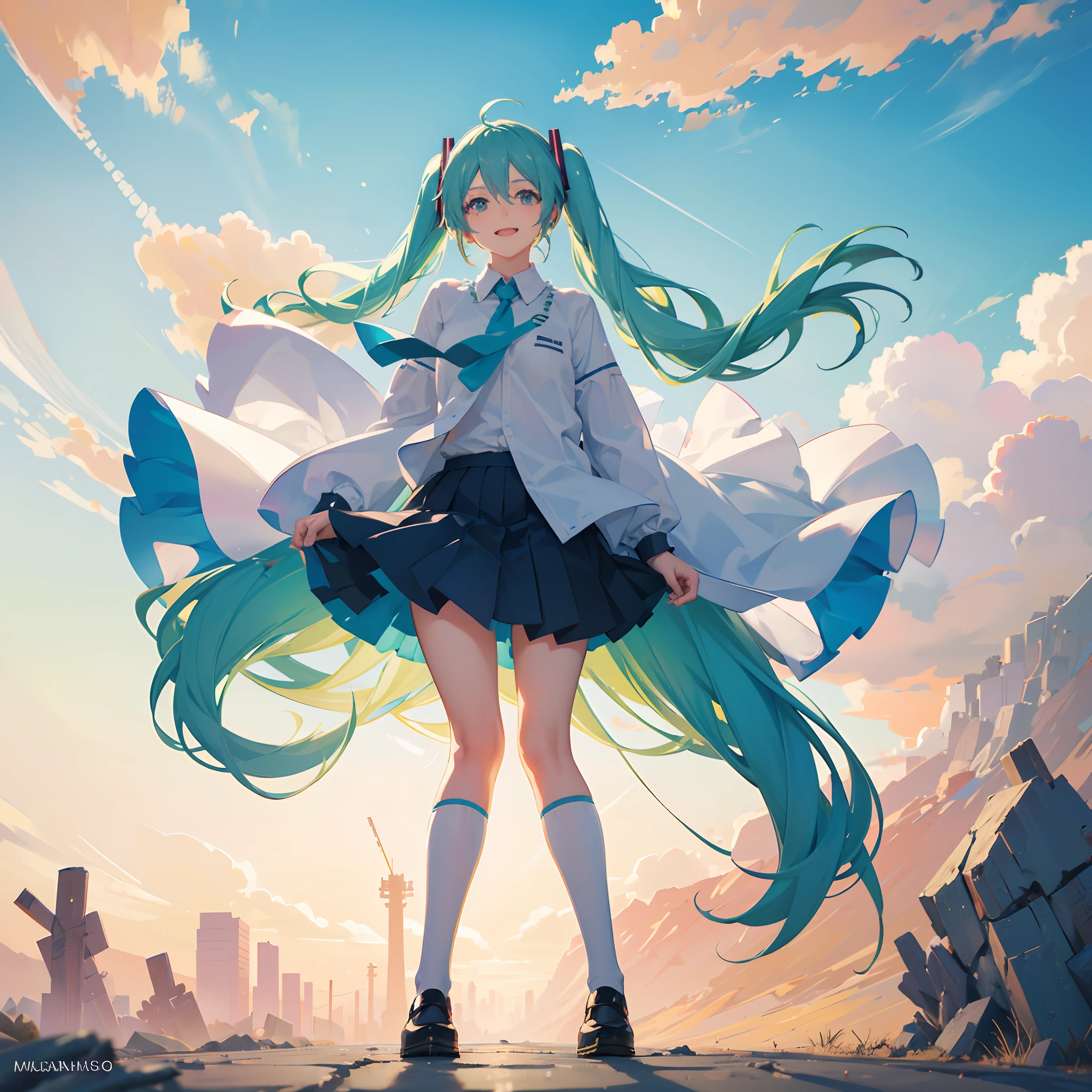 Hatsune Miku , 1 girl , Colegiala , beautiful little girl, vocaloid, 16 year old , Caminando entre cerezos , Clothes and hair moving in the wind  , proporciones corporales correctas , hermosa sonrisa , calidad de imagen ultra 8k , obra maestra , detalles perfectos , viendo hacia el espectador con sonrisa encantadora