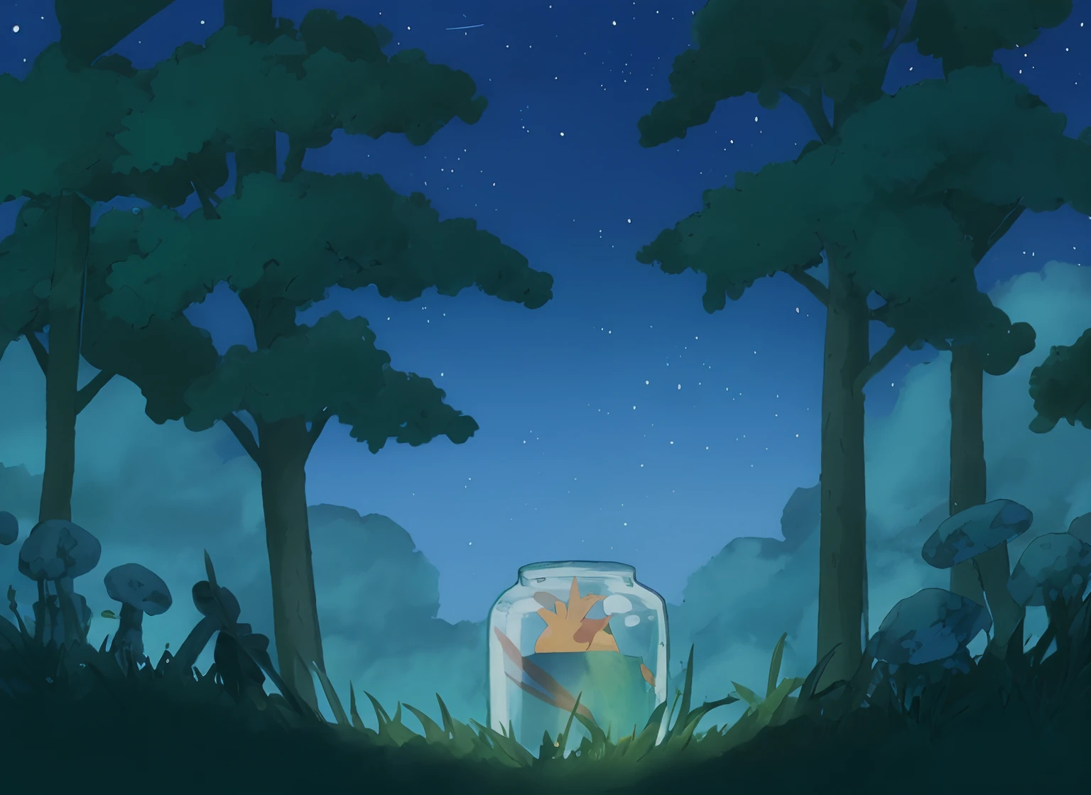 there is a cartoon picture of a jar with a cat inside, cozy night fireflies, background art, dreamscape in a jar, calm night. digital illustration, background artwork, moonlit starry sky environment, graphic of enchanted terrarium, dreamy illustration, fireflies!!, night under the starry sky, random background scene, anime background art, night in the forest