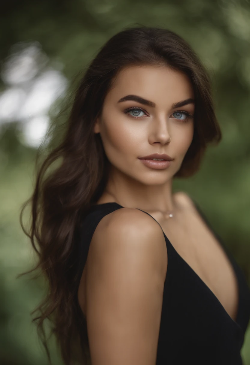 Arafed woman with a white tank top and necklace, fille sexy aux yeux verts, Portrait Sophie Mudd, cheveux bruns et grands yeux, selfie of a young woman, Yeux de chambre, Violet Myers, sans maquillage, maquillage naturel, looking straight at camera, Visage avec Artgram, Maquillage subtil, Superbe photo du corps entier, piercing green eyes